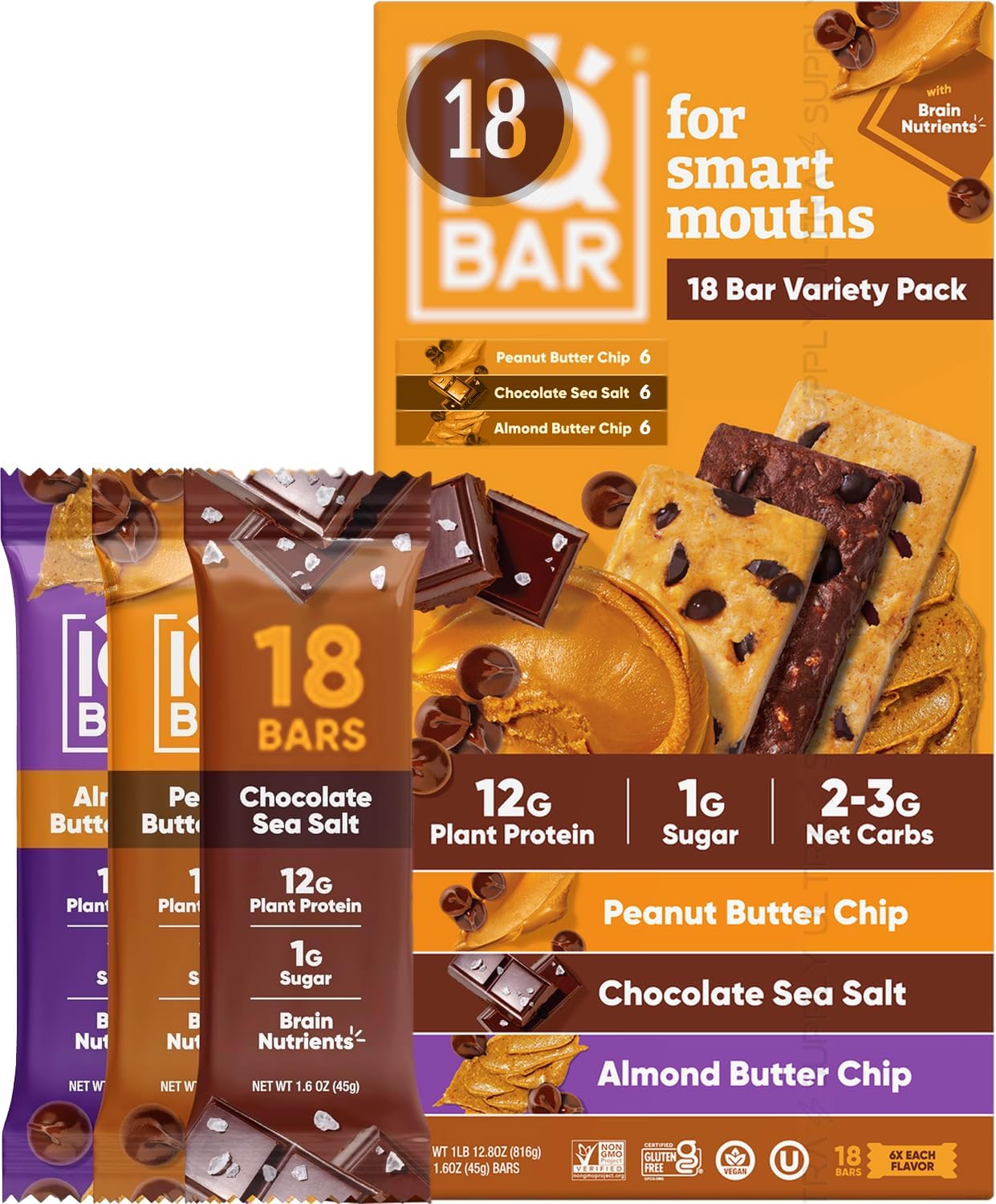 IQ-BAR Plant Protein Bars, Variety Pack, 1.6 oz, (18 Count) – Keto-Friendly, Vegan, Gluten-Free, 12g Protein, Low Sugar, Brain-Boosting Nutrients