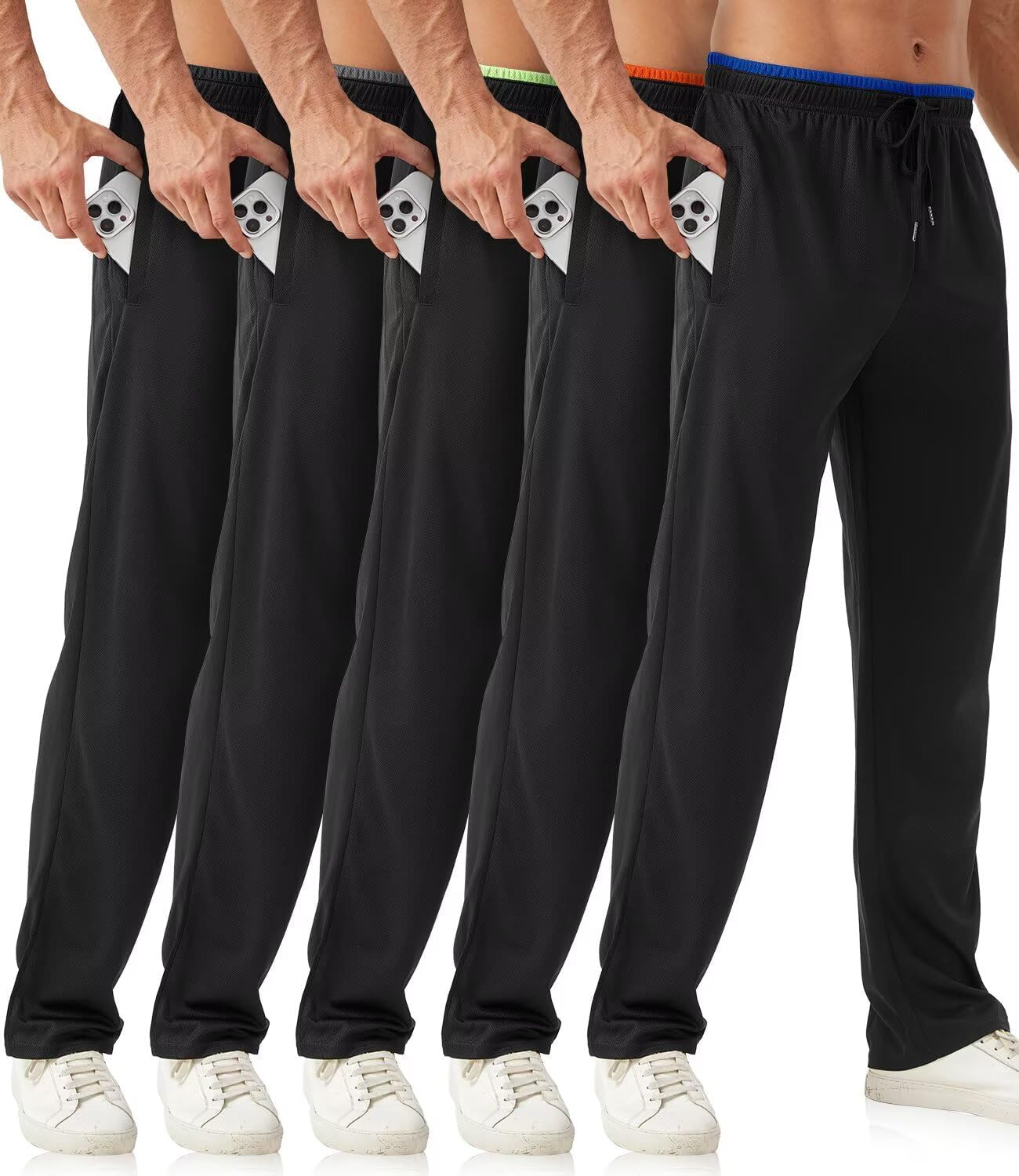 Mens Sweatpants with Zipper Pockets 5 Pack Mens Joggers for Men Open Bottom Mesh Athletic Pants for Workout,Running