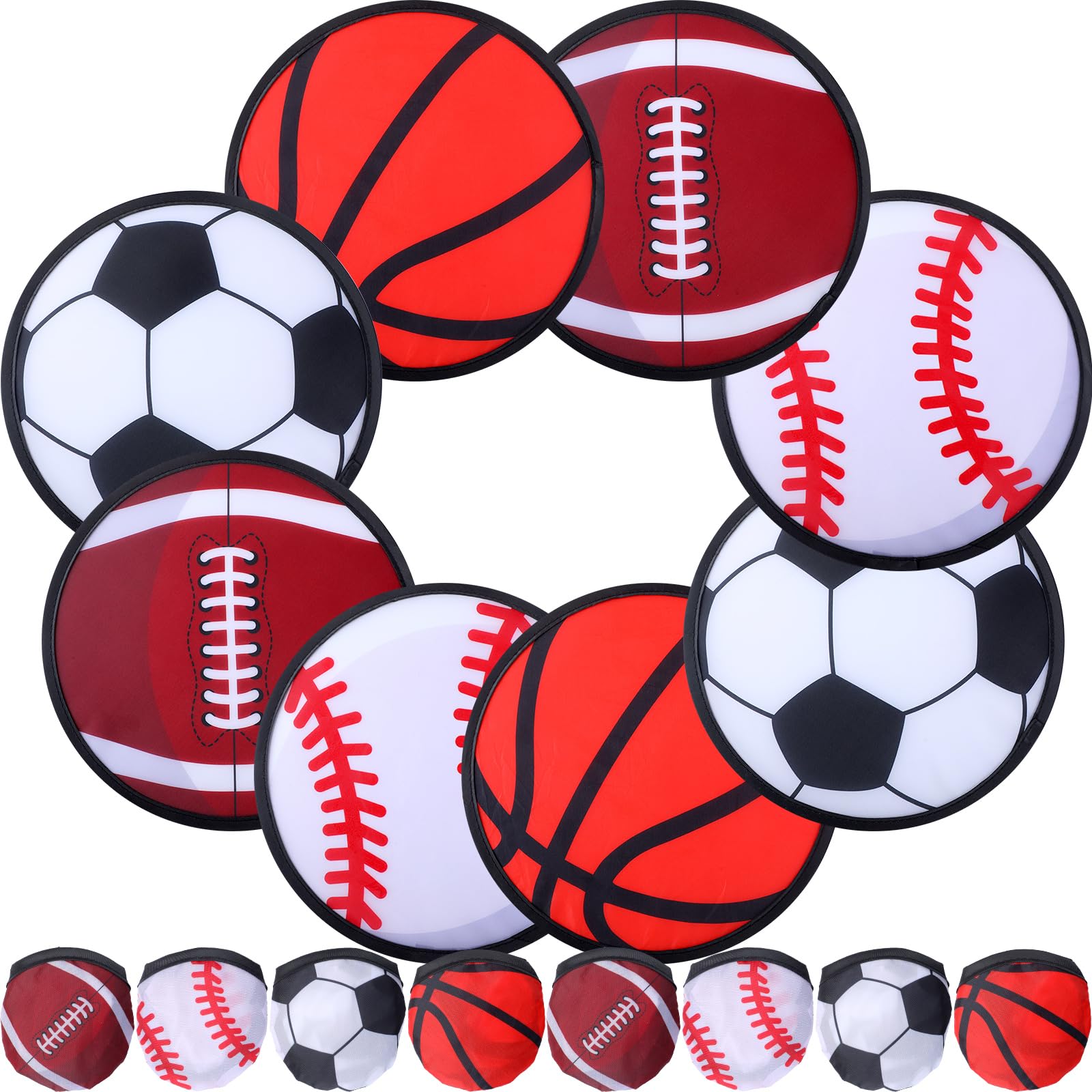 24 Pcs Foldable Flying Disc Fans 9.84'' Handheld Folding Fan with Bag Folding Pocket Toy with Football Basketball Baseball and Rugby Design for Sports Party Supplies Outdoor Activity Games