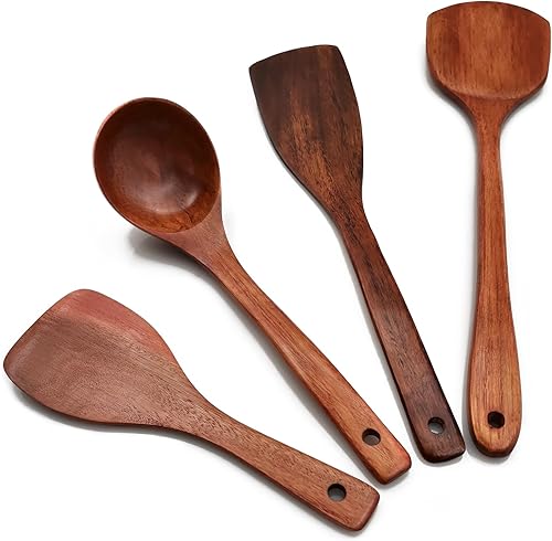 LYFJXX Cucharas de madera para cocinar, 4 piezas de teca natural de madera, utensilios de cocina de madera antiadherentes, Juegos de cucharas de