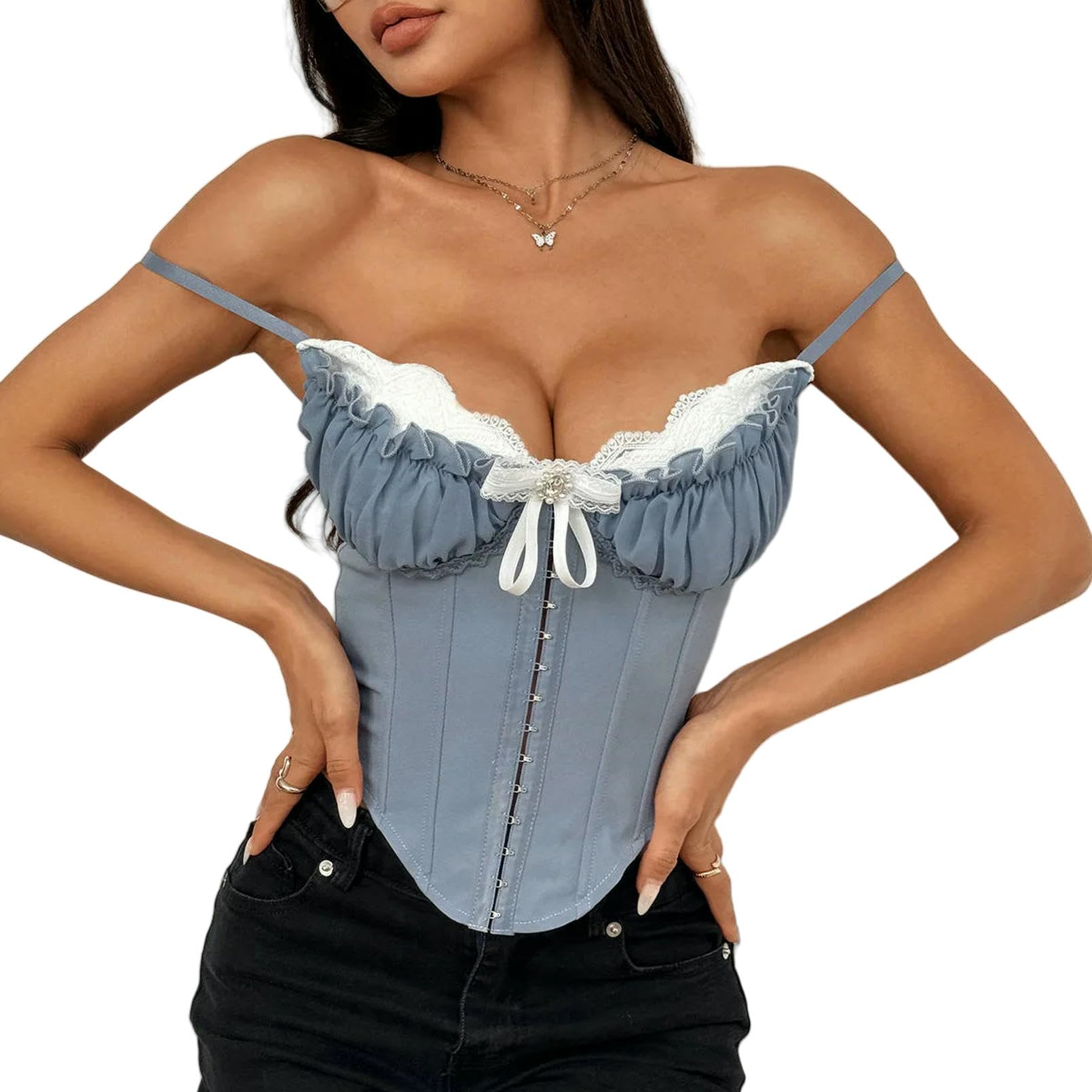 Canotta da Donna Sexy A V Collo Y2k Top Corti in Pizzo Patchwork Corsetto Bowknot Slim Camisole Forma di Corpo Pesce Bustier-Blu-l
