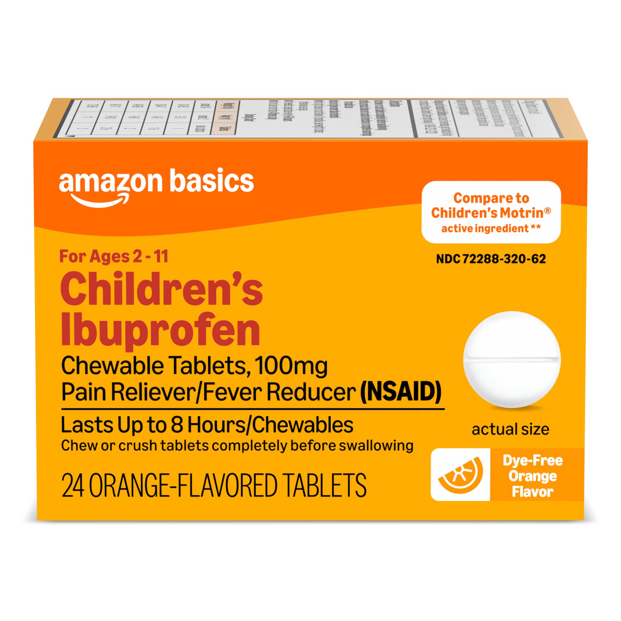 Amazon Basics Children’s Ibuprofen Chewable Tablets, 100 mg, Orange Flavor, Pain Reliever/Fever Reducer, for Aches, Sore Throat, Toothache and Headache Relief, 24 Count (Previously Care)