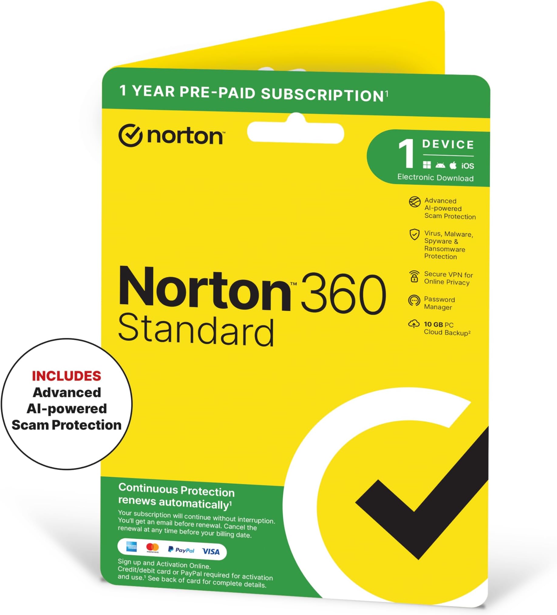 Norton 360 Standard 2026, Antivirus software for 1 Device and 1-year subscription with automatic renewal, Includes Secure VPN and Password Manager, PC/Mac/iOS/Android, Activation Code by Post