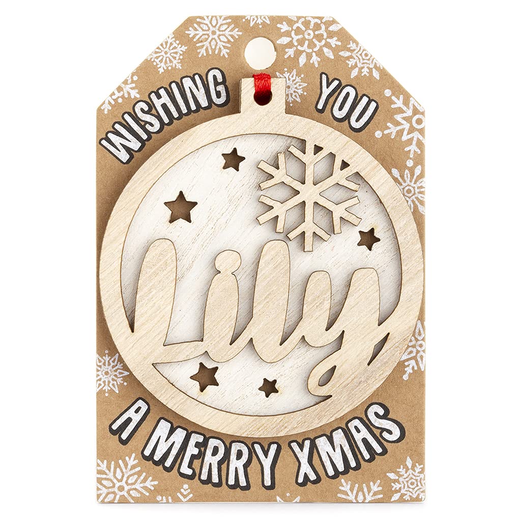 Personalised Wooden Lily Name White Hanging Christmas Tree Bauble Decoration