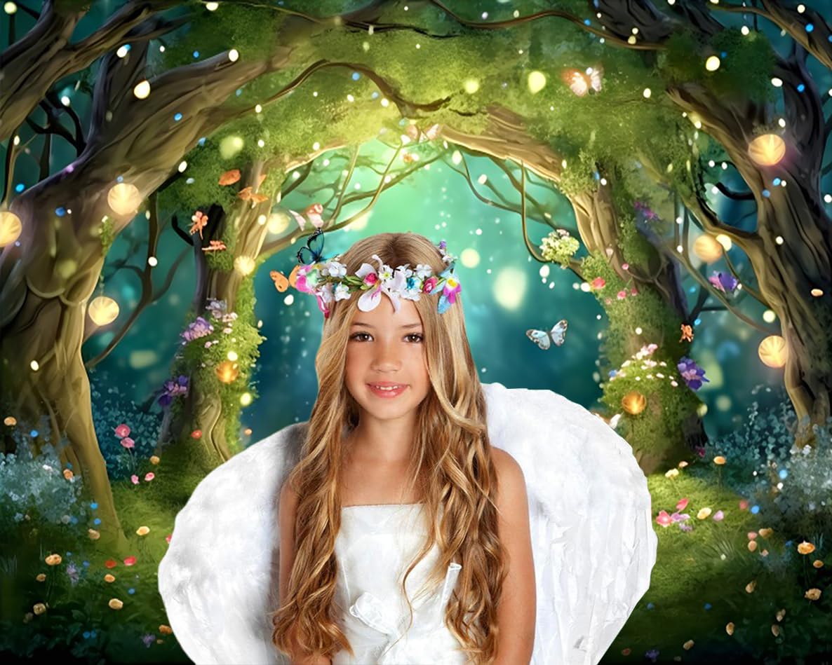 2.7x1.8m Toile de Fond Foret enchantée Fantaisie Pays des Merveilles Forêt Papillon Fleurs Arbre Photographie Fond Princesse Fête d'anniversaire Nouveau-né Bébé Shower Décorations
