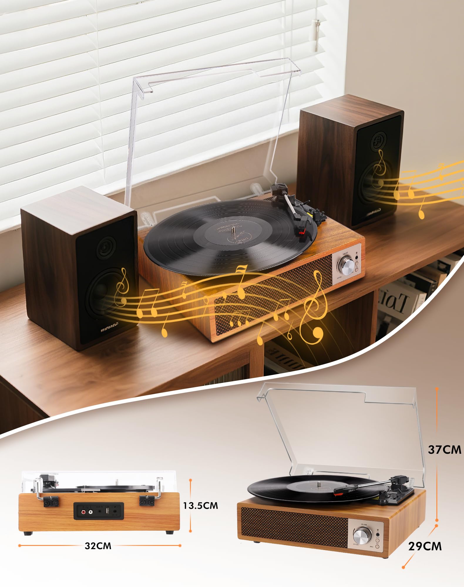 Gramofon winylowy Bluetooth 5.4 z wbudowanymi głośnikami, Vintage gramofon z funkcją nagrywania USB, wyjście RCA/AUX/USB/słuchawki, odtwarzacz winylowy 33/45/78 RPM do domu i prezentów