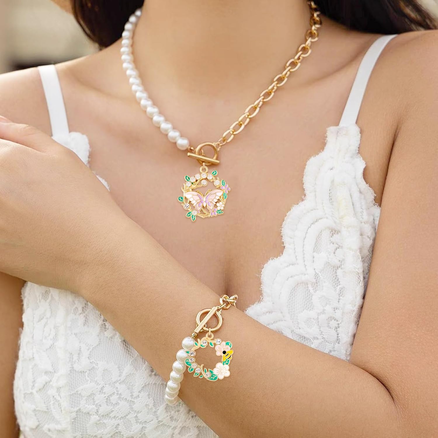 Craftdady 16 pcs Rhinestone Flower Charms for Jewelry Making Alloy Wreath Charm Enamel Spring Butterfly Bee Garland Dangle Pendant Metal Hollow Round Charm Pendant for Bracelet Necklace Making - Image 7