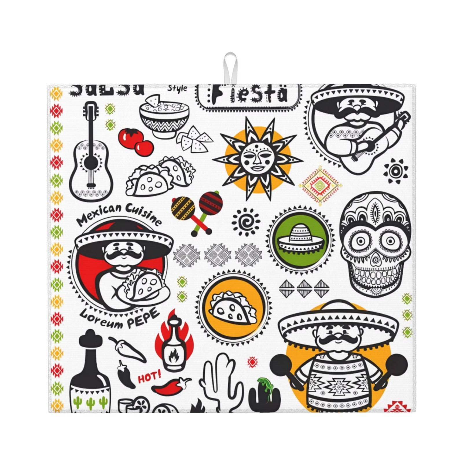WHJSSF mexican salsa symbols Prints Kitchen Drying Mat - Super Absorbent Dish Drying Throw with Colorful Prints, Quick-Dry Countertop Layer for Dishes, Glasses & Small Appliances