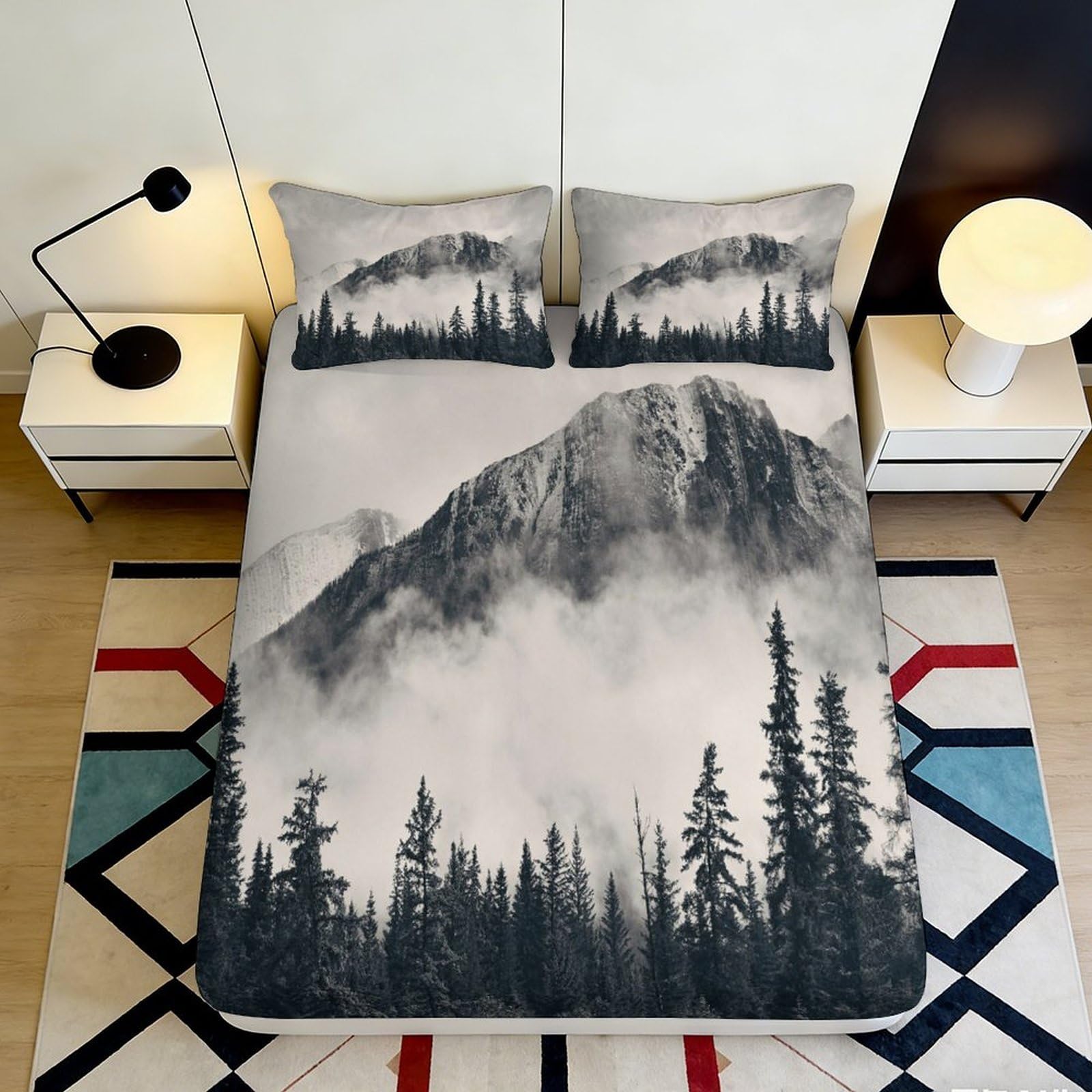 3D Printed Misty Mountain Fitted Sheet Microfiber Forest Landscape Mattress Cover for Bedroom Guest Room Decor 90x200x25cm