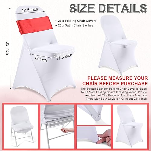 Miniatura 8 de Lounsweer Juego de 50 fundas plegables para sillas con 25 fundas elásticas de elastano, 25 bandas de satén para silla, lazos, cinta lavable,