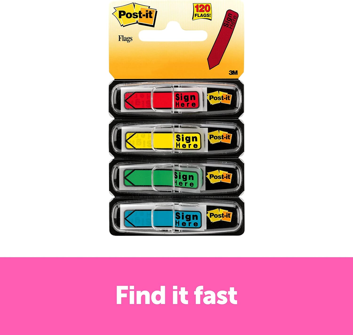 Post-it Message "Sign Here" Flags, 30/Dispenser, 4 Dispensers/Pack, .47 in Wide, Assorted Colors (684-SH)
