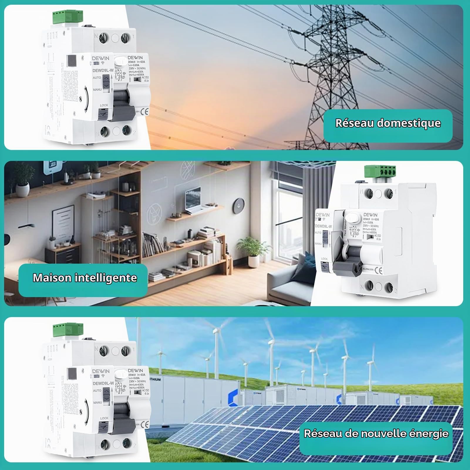 DEWIN Interrupteur Différentiel à Réarmement Automatique, GRD9L-W Interrupteur à Réenclenchement Manuel Réenclencheur avec WiFi Disjoncteur à Commande à Distance Fonction 2P 63A 30mA AC 230V