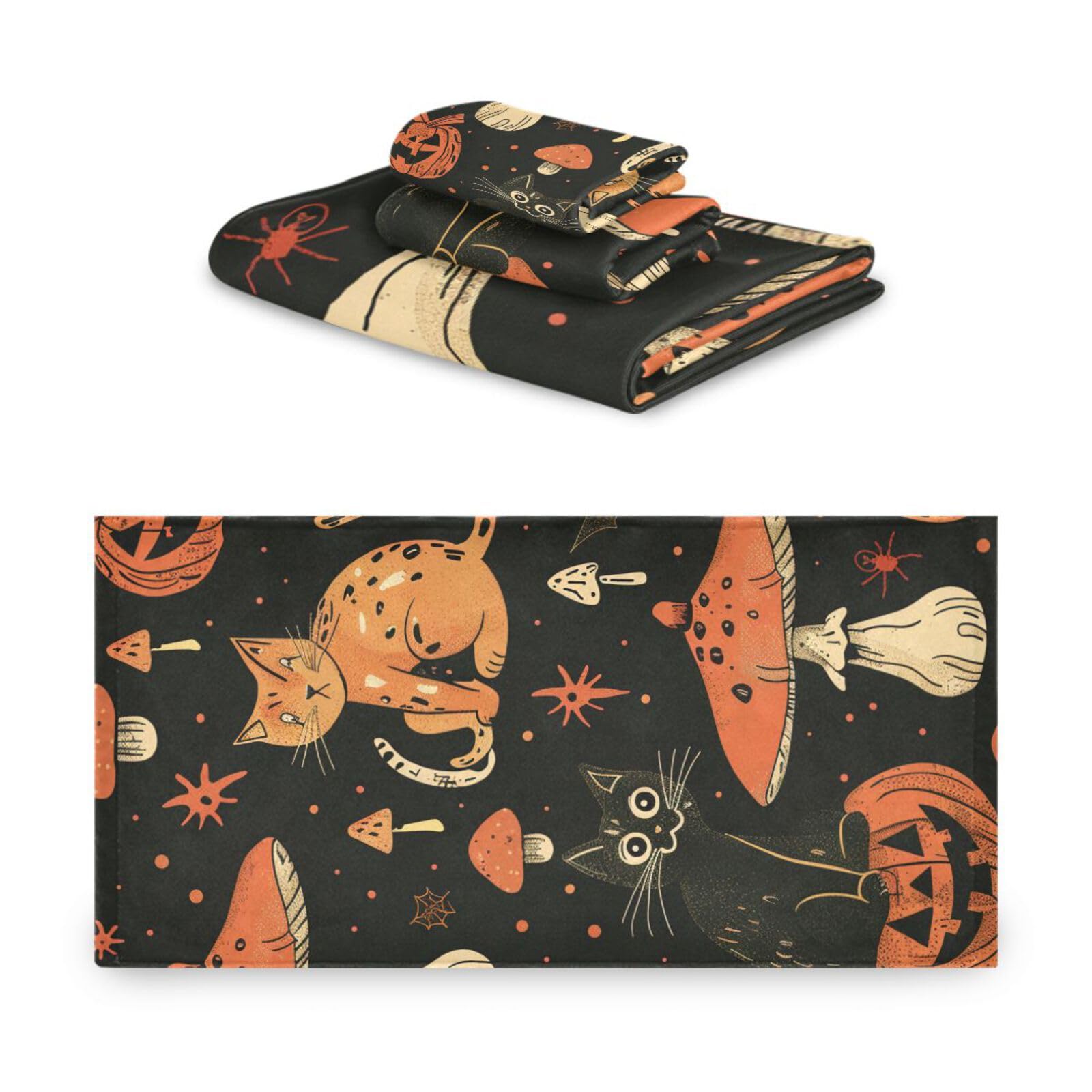 Set di 3 asciugamani per il viso ad asciugatura rapida con gatti, zucche, funghi, per Halloween, 3 pezzi, 1 asciugamano da bagno, 1 asciugamano per mani, 1 panno per la casa, cucina e famiglia