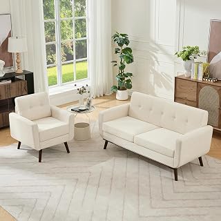 Kingfun Living Room Furniture Sets, Loveseat & Accent Chair, Mid Century Modern Decor Sofa Couches, Button Tufted Upholstered Furniture, Beige | linen fabric, button tufted, solid wood foot, pocket spring, wood slats frame