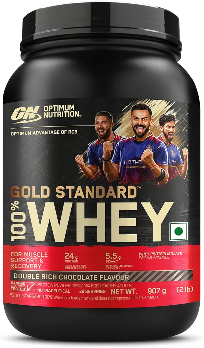 Optimum Nutrition (ON) RCB Limited Edition Gold Standard 100% Whey Protein Powder Double Rich Chocolate, 2 lb, 907 g, for Muscle Support &amp; Recovery, Vegetarian - Primary Source Whey Protein Isolate