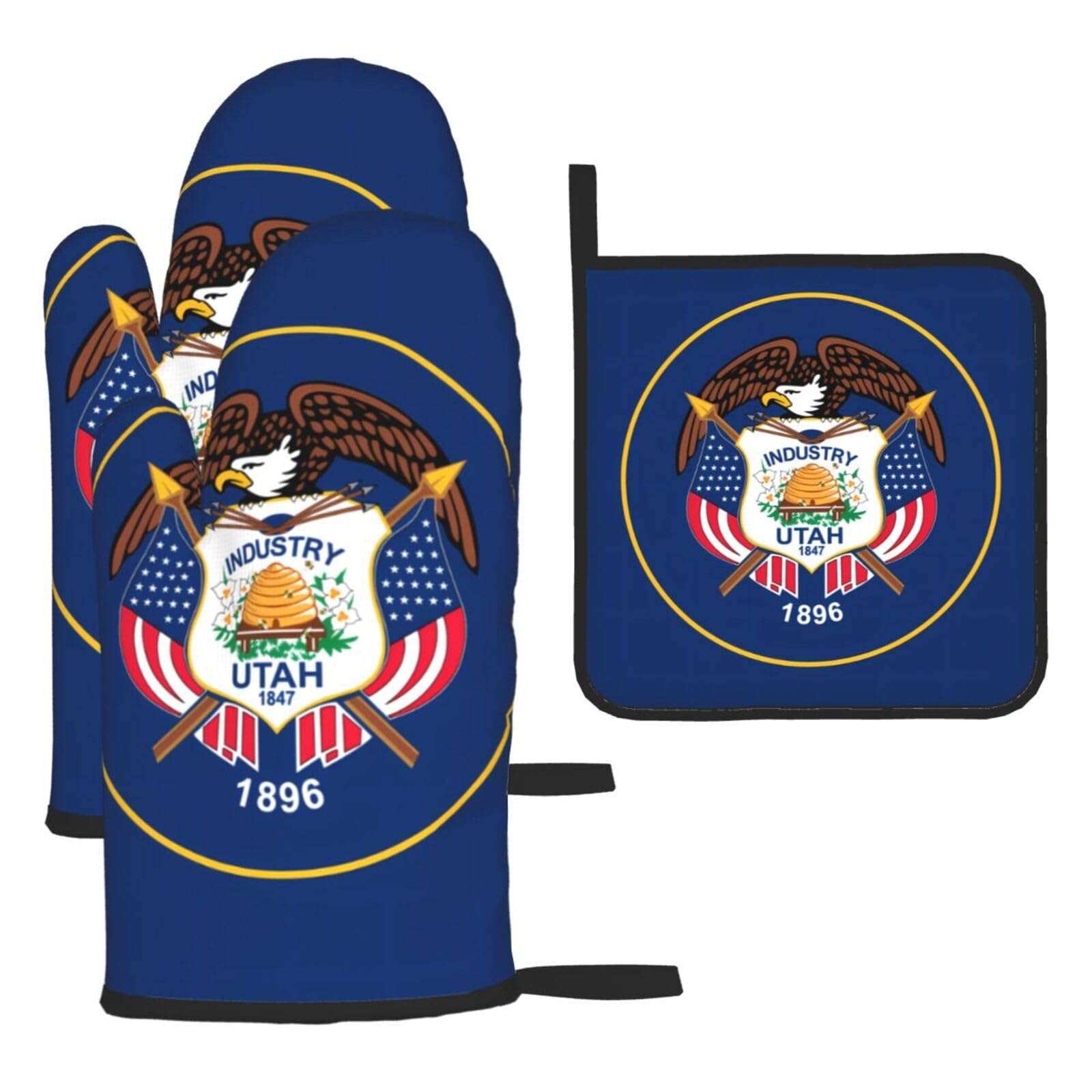 Utah Flag Oven mittens and oven mitts three-piece set suitable for oven, grilling, baking, microwave and home cooking.