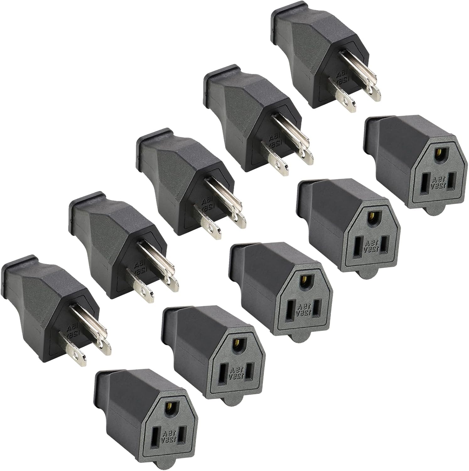 Straight Blade Plug Extension Cord Ends 15A 125V, 3Wire Male Plug and Female Connector Straight Blade Plug Replacement Electrical Extension Cord End(5 Pack)