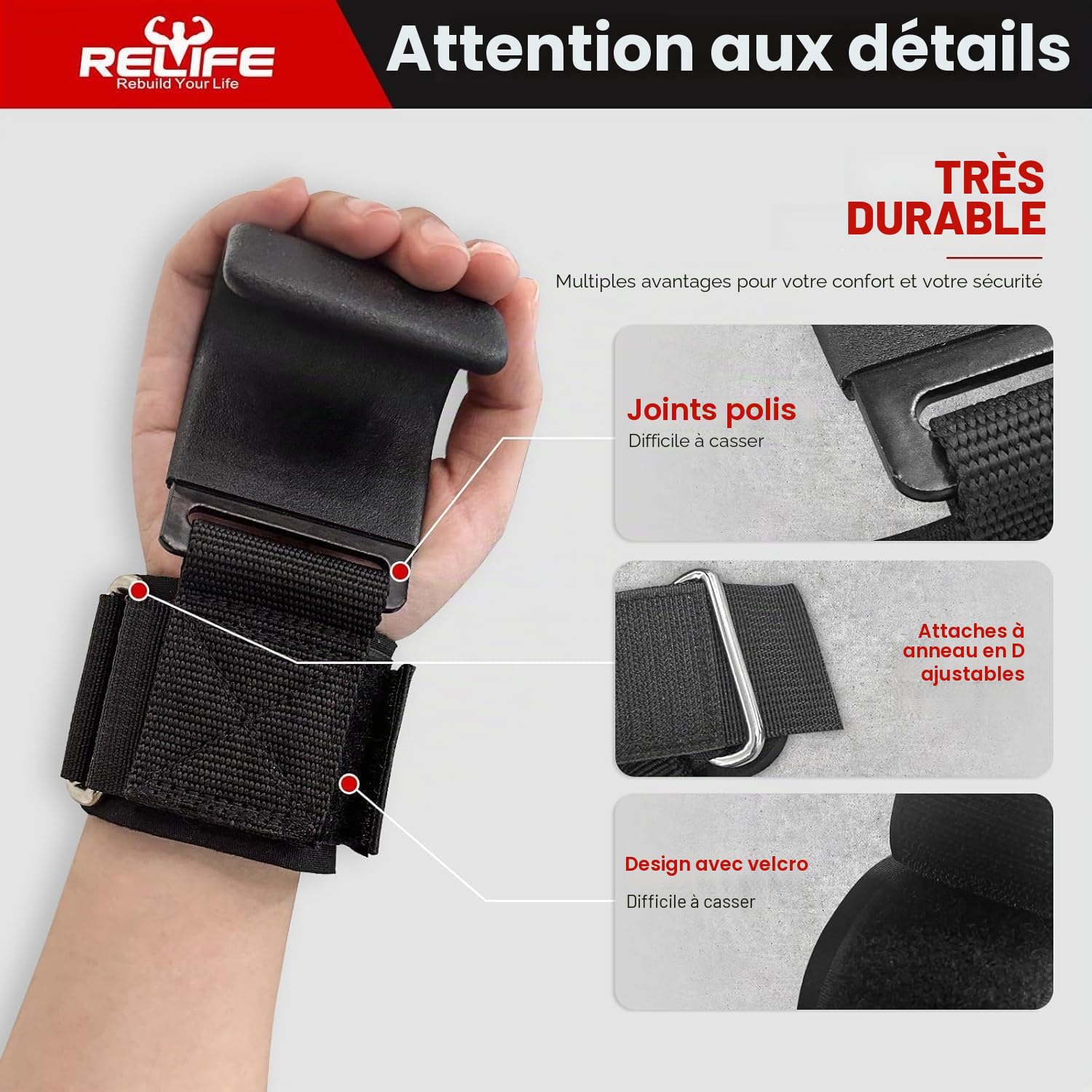 RELIFE REBUILD YOUR LIFE Straps de Musculation pour Traction Assistée Bandes Poignet Hooks de Levage (Paire) pour Powerlifting Poignées d'Entraînement Crochets de Levage