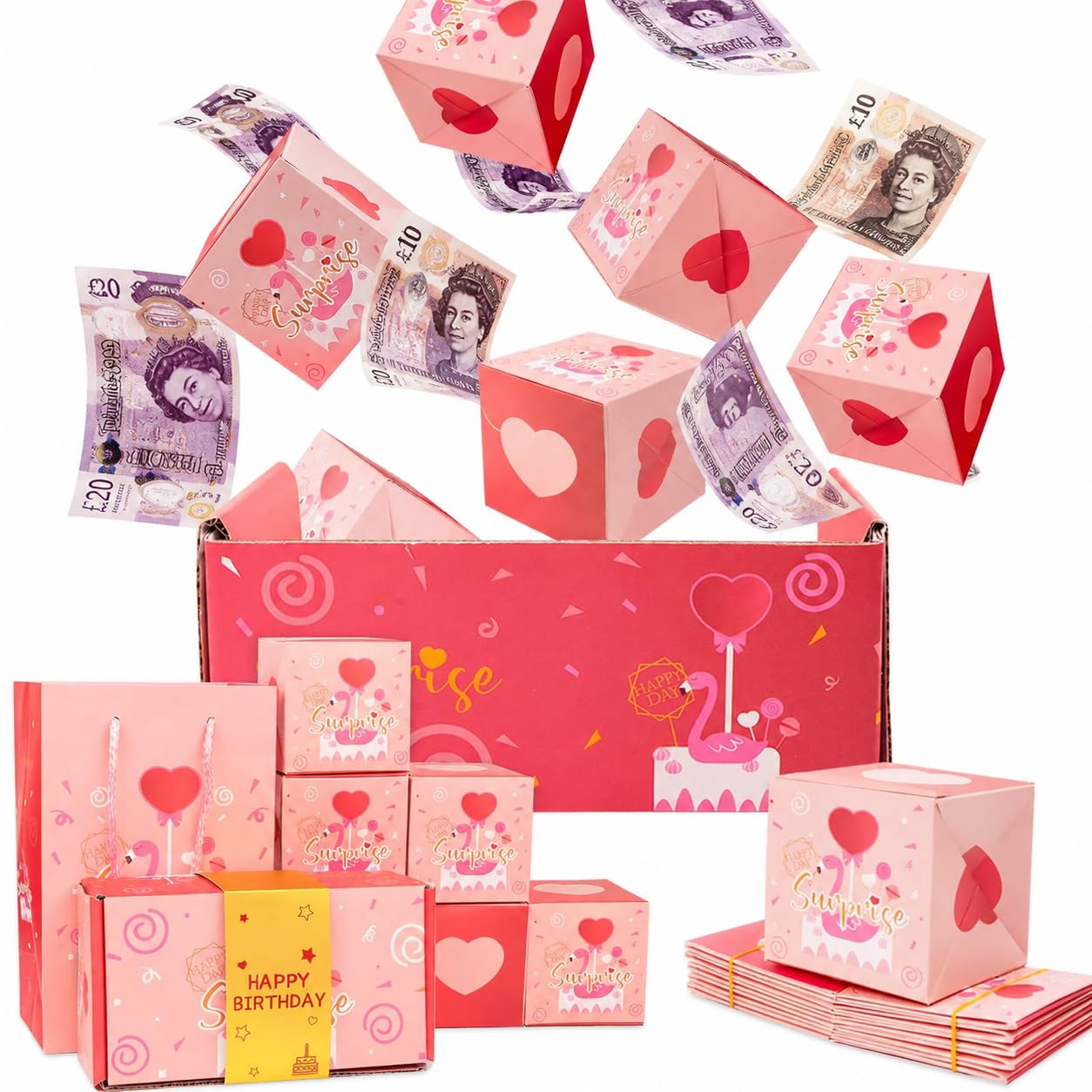 Pink Birthday Surprise Explosion Gift Box with 16 Pop-up Boxes for Women Mother Wife Sister — Creative Pop-up Surprise Card with Elegant Gift Bag for Memorable Birthday Celebrations (Pink)