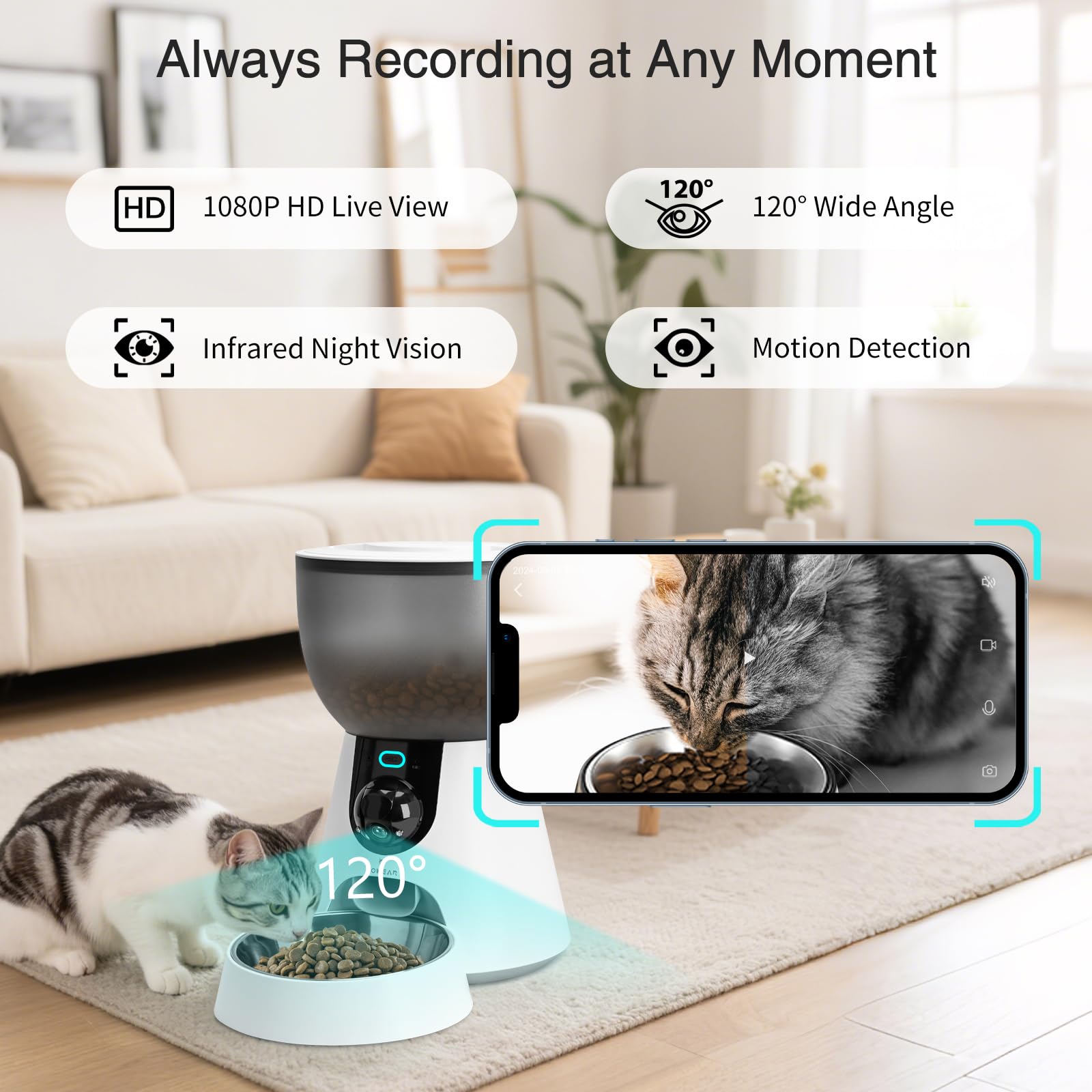 Alimentatore automatico per animali domestici con fotocamera, alimentatore per gatti WiFi da 5 GHz/2,4 GHz, capacità 4 l, 1-10 pasti/giorno con promemoria batteria scarica, voce bidirezionale