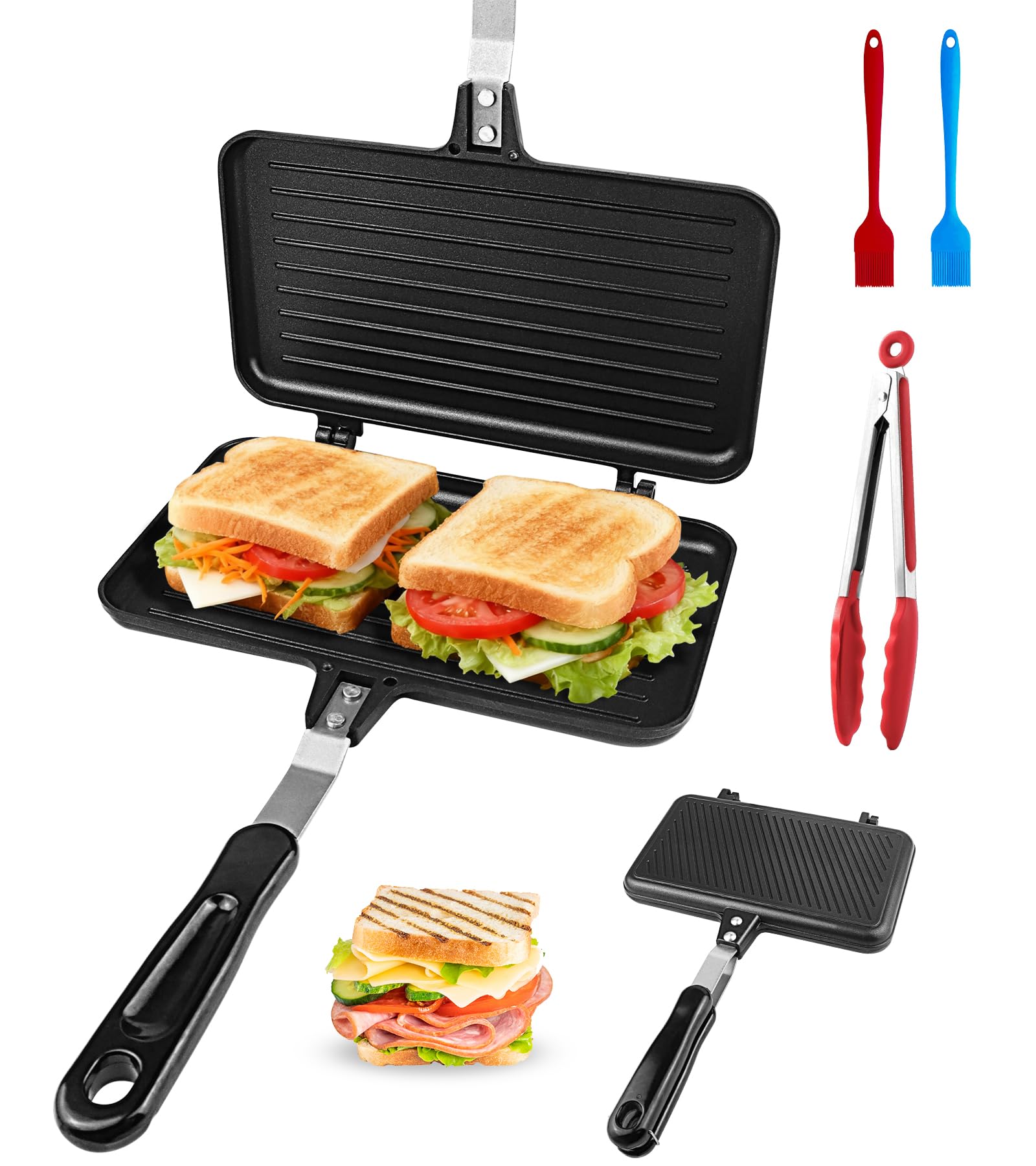 Poêle à Frire Double Face,avec Pinceau à Huile et Pinces De Cuisine | Poêle à Frire Double Face,avec Poignées Résistantes Chaleur Poêle à Sandwich, pour Maison, Extérieur, Camping