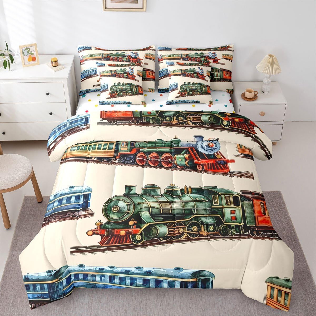 Erosebridal Boys Train Full Comforter Set with Sheets for Home, Vintage Steam Train Bed in A Bag, Steam Engine 7 Pieces Bedding Set, Transportation Vehicle Bed Sets for Kids Teen Men Bedroom