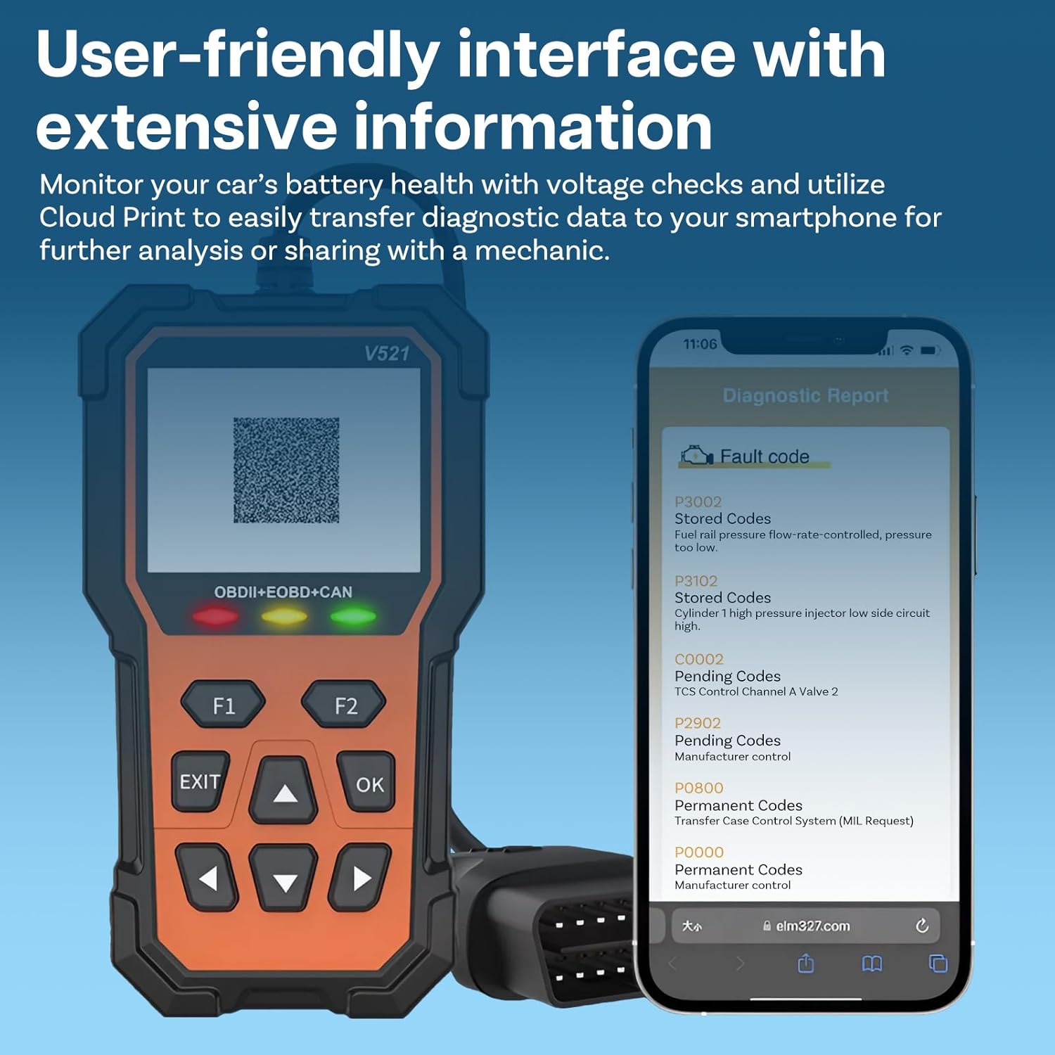 OBD2 Scanner displaying Cloud Print QR code and diagnostic report on a smartphone