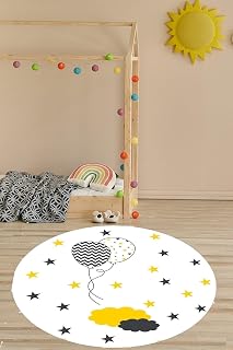 Pelangi Balon Yıldız Desenli Beyaz Dijital Baskı Yıkanabilir Kaymaz Taban Yuvarlak Salon Halısı, Sarı-Beyaz 160 x 160, 999800616016005