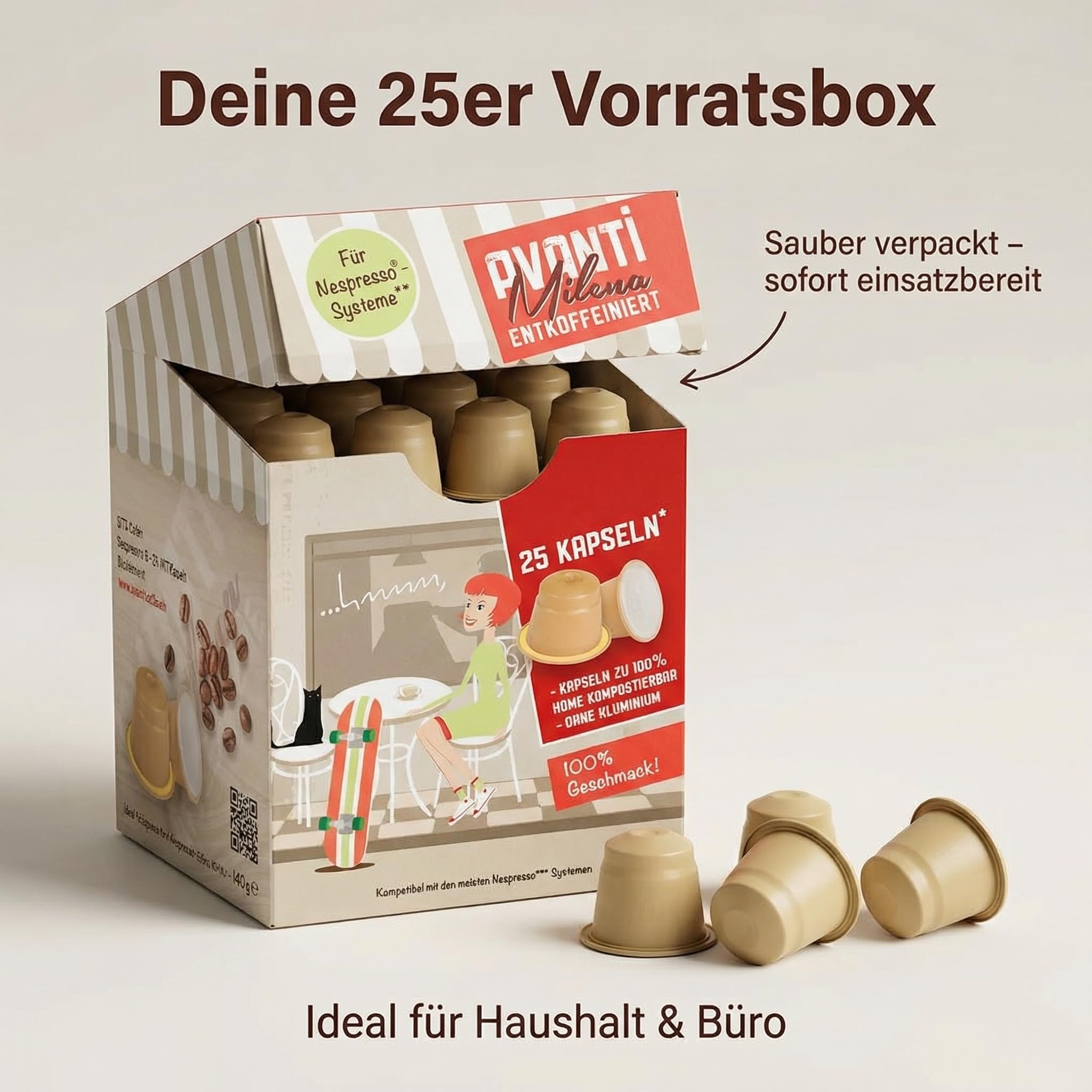 100 Stück AVANTI Entkoffeinierte Nespresso**-kompatible Kaffeekapseln – Espresso Milena, Swiss Water Process, 100% Arabica, 100% home-kompostierbar & ohne Aluminium, geröstet in der Schweiz