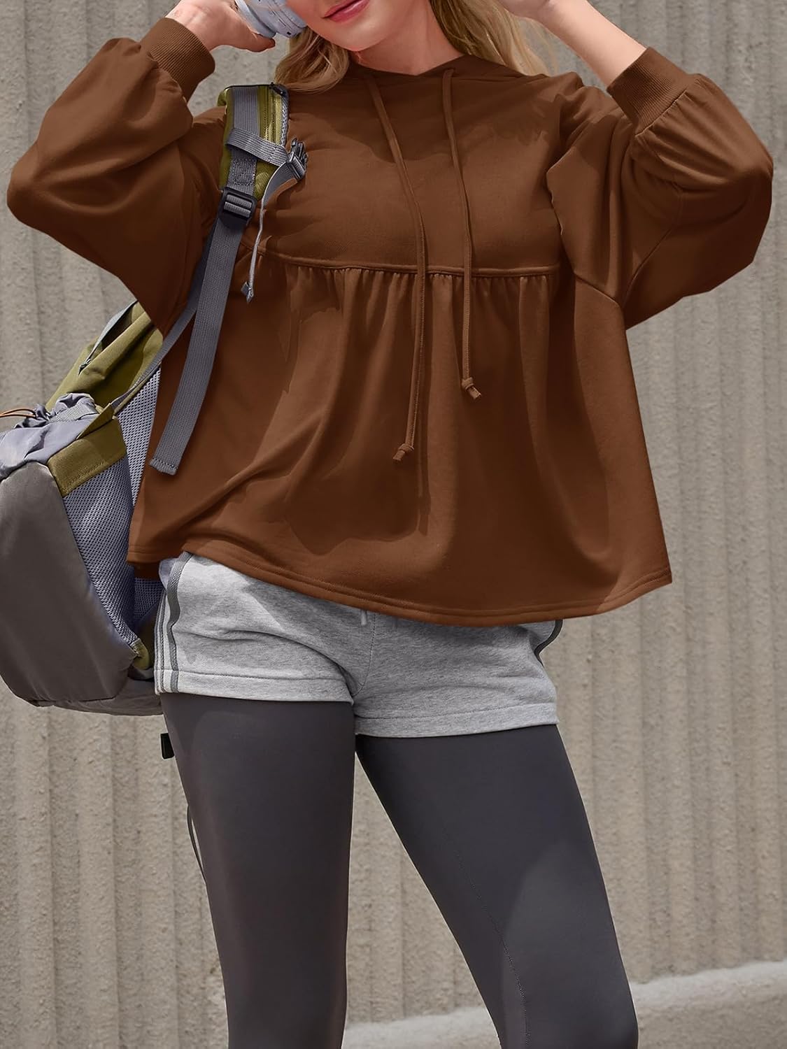 Fisoew Womens Oversized Hoodies Sweatshirts Casual Lantern Long Sleeve Drawstring Peplum Hem Loose Hooded Pullover Tops - Image 4