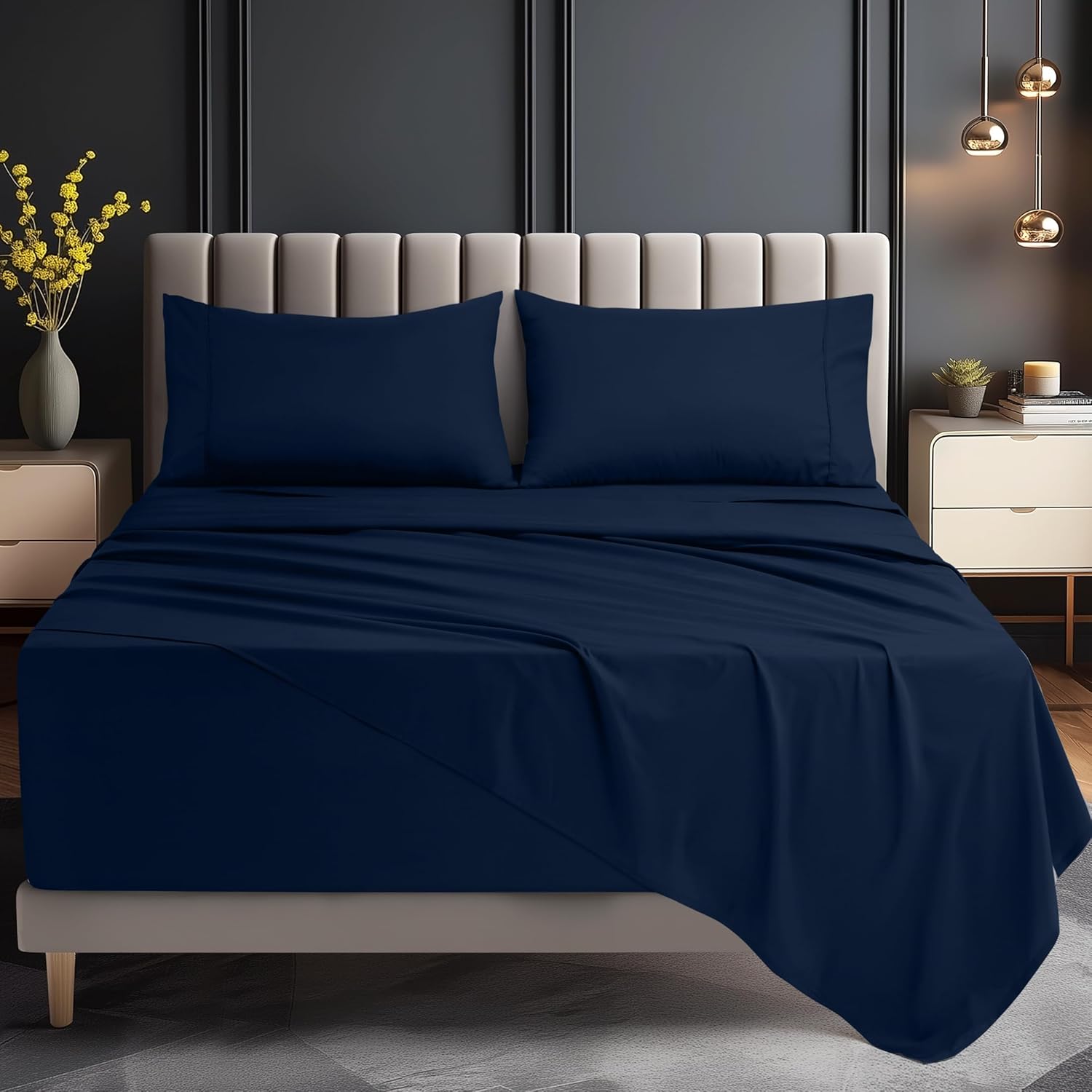 Utopia Bedding King Size Deep Pocket Sheet Set – Fits Mattresses Up to 21 inches – Cooling, Soft & Breathable – Oeko-TEX 4 Piece Bed Sheets (Navy) - Image 2