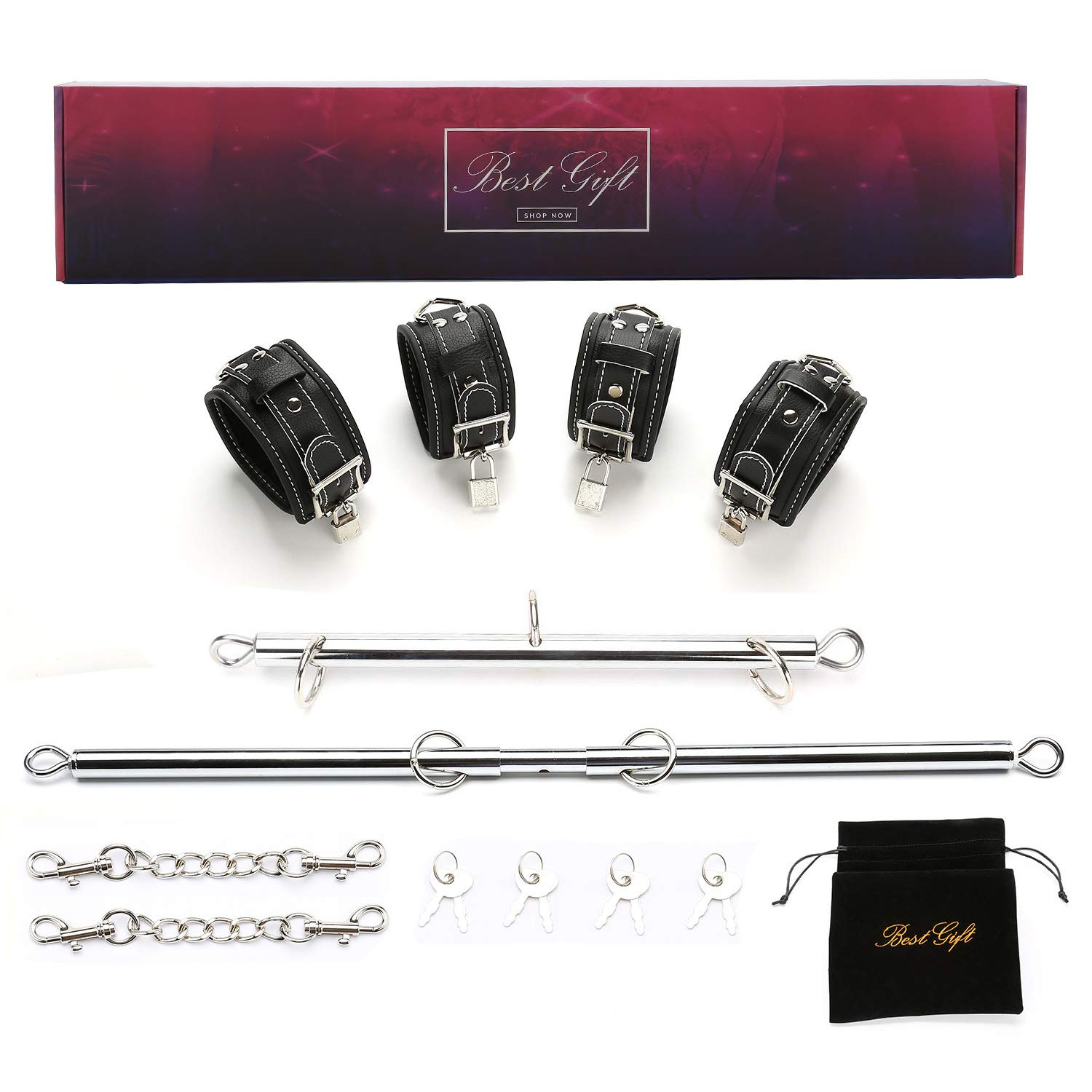 EXREIZST 2 Silver Spreader Bar with 4 Black Leather Straps Adjustable Expandable Sports Aid Training System Set (Silver and Black)