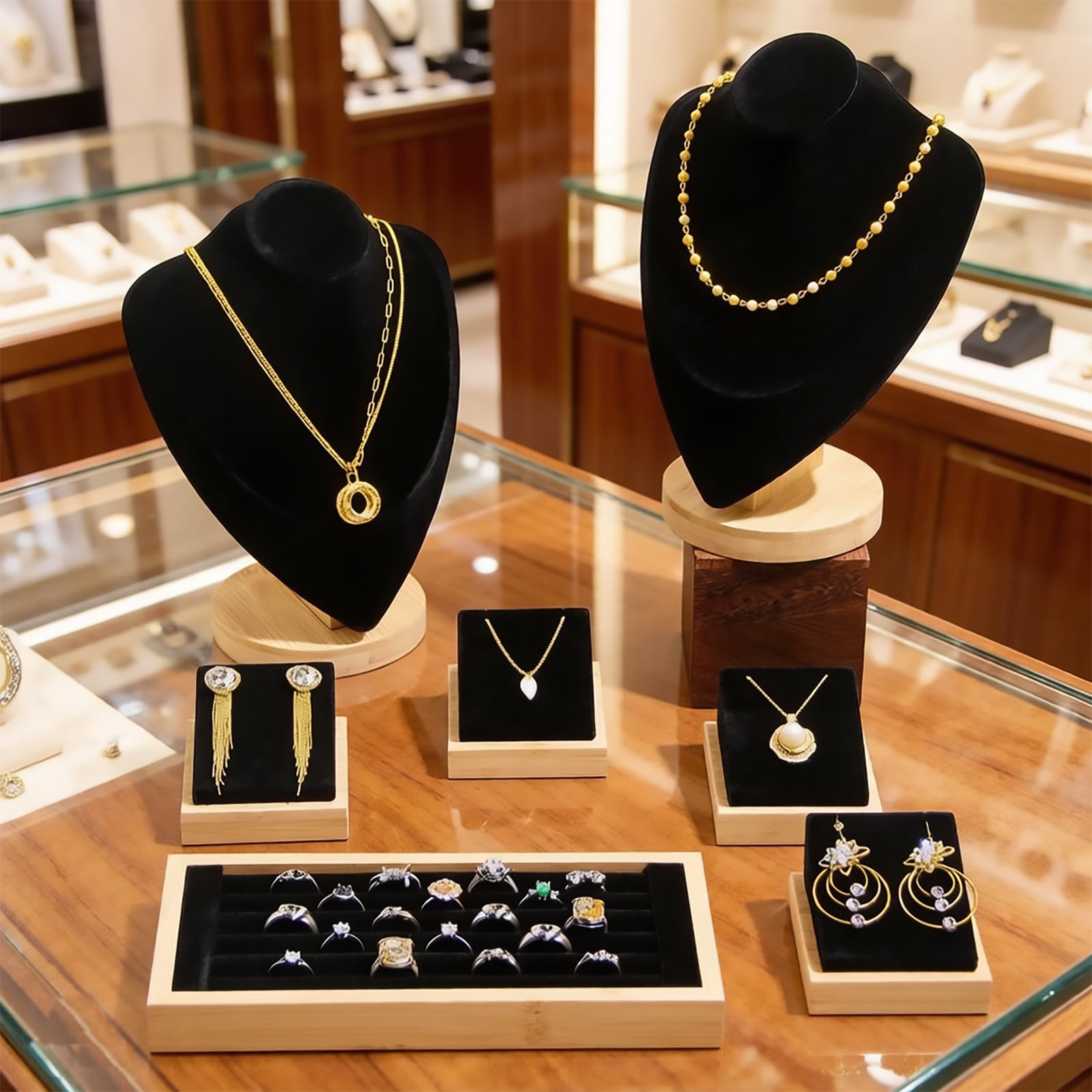 Lot de 7 présentoirs à bijoux pour vendeurs avec support en bambou, présentoir pour colliers, pandents, bagues et boucles d'oreilles (noir)