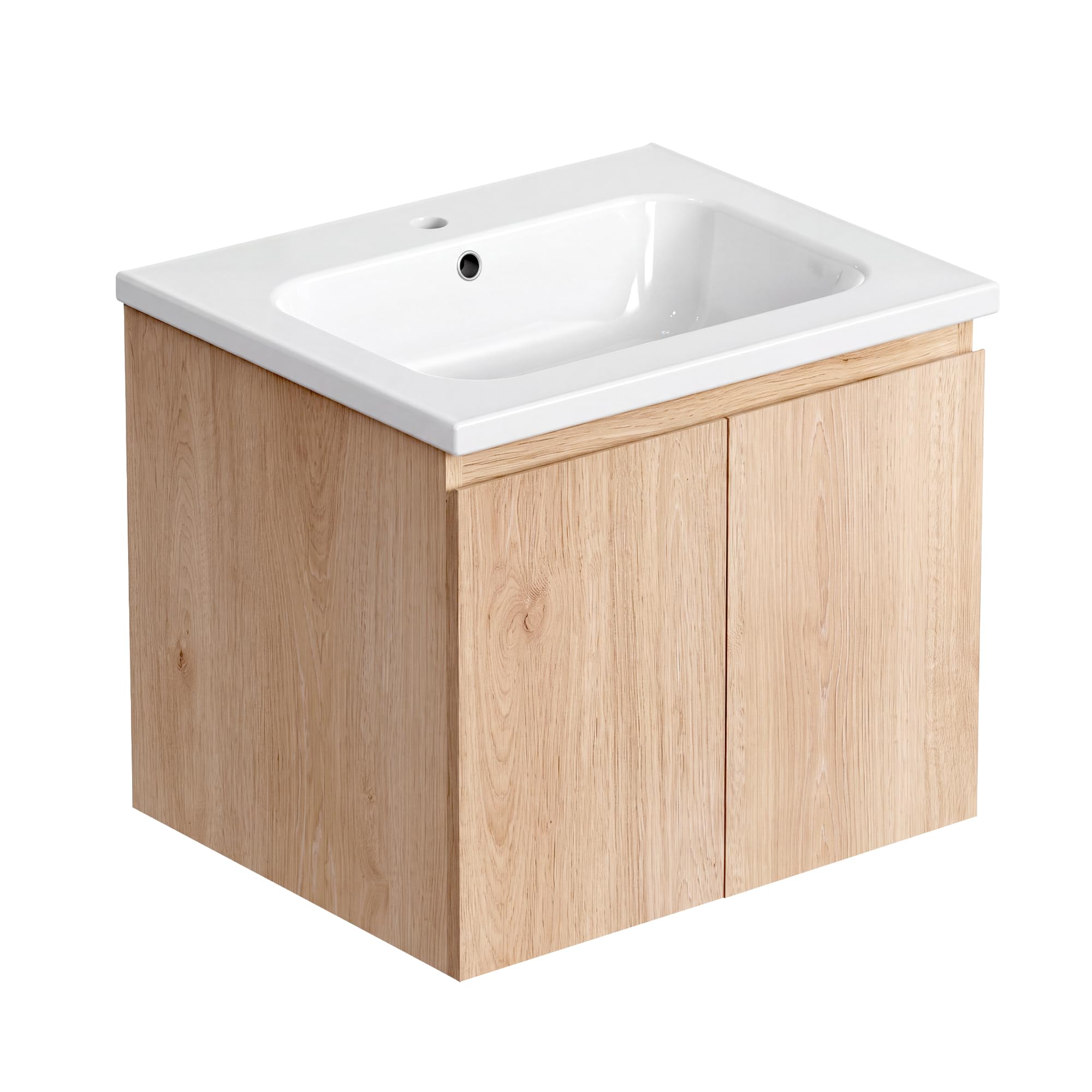 Waschbecken mit Unterschrank 60 cm, Hängend, Wandmontiert, Soft-Close | Handgefertigte Details, Keramikbecken, Soft-Close-Türen, versiegelte Kanten und Stauraum für kleine bis mittelgroße Bäder.