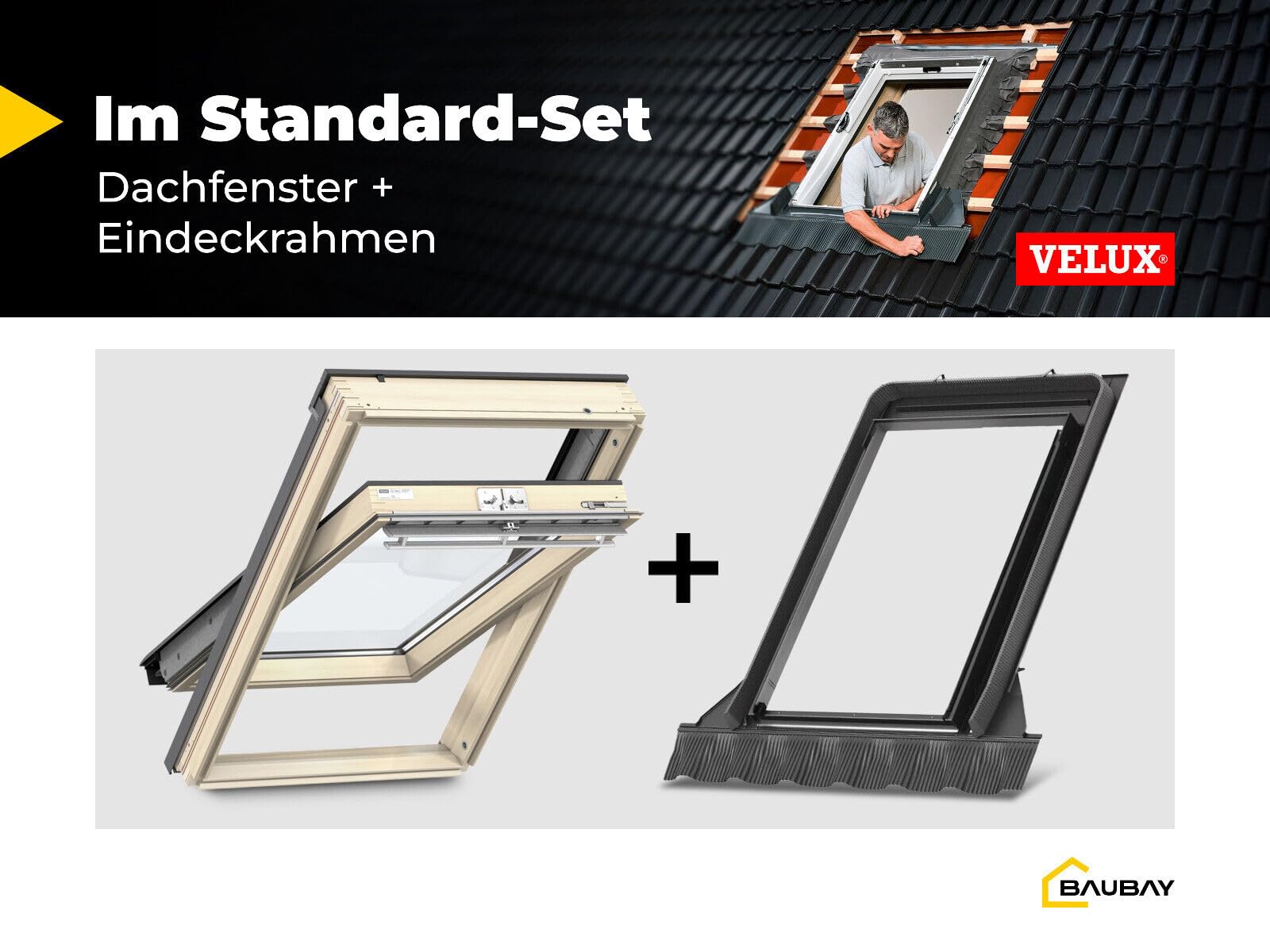 Dachfenster Set für VELUX | Holzfenster MK06 (78 x 118 cm) mit 3-fach Verglasung und ThermoTechnology™ inkl. Eindeckrahmen für Dachziegel (1,5-12 cm) + BDX Dämm-und Anschluss-Set+BBX Dampfsperrschürze