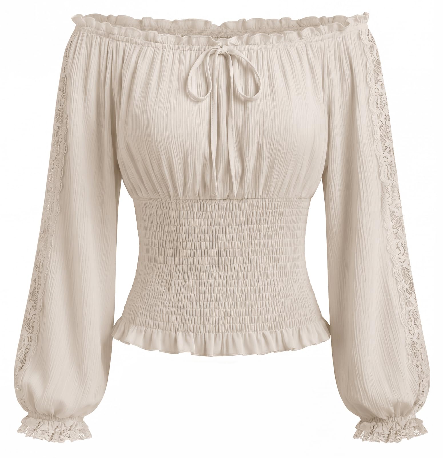 SCARLET DARKNESS Renaissance Lantern Sleeve Bardot Trim Lace Smocked Blouse