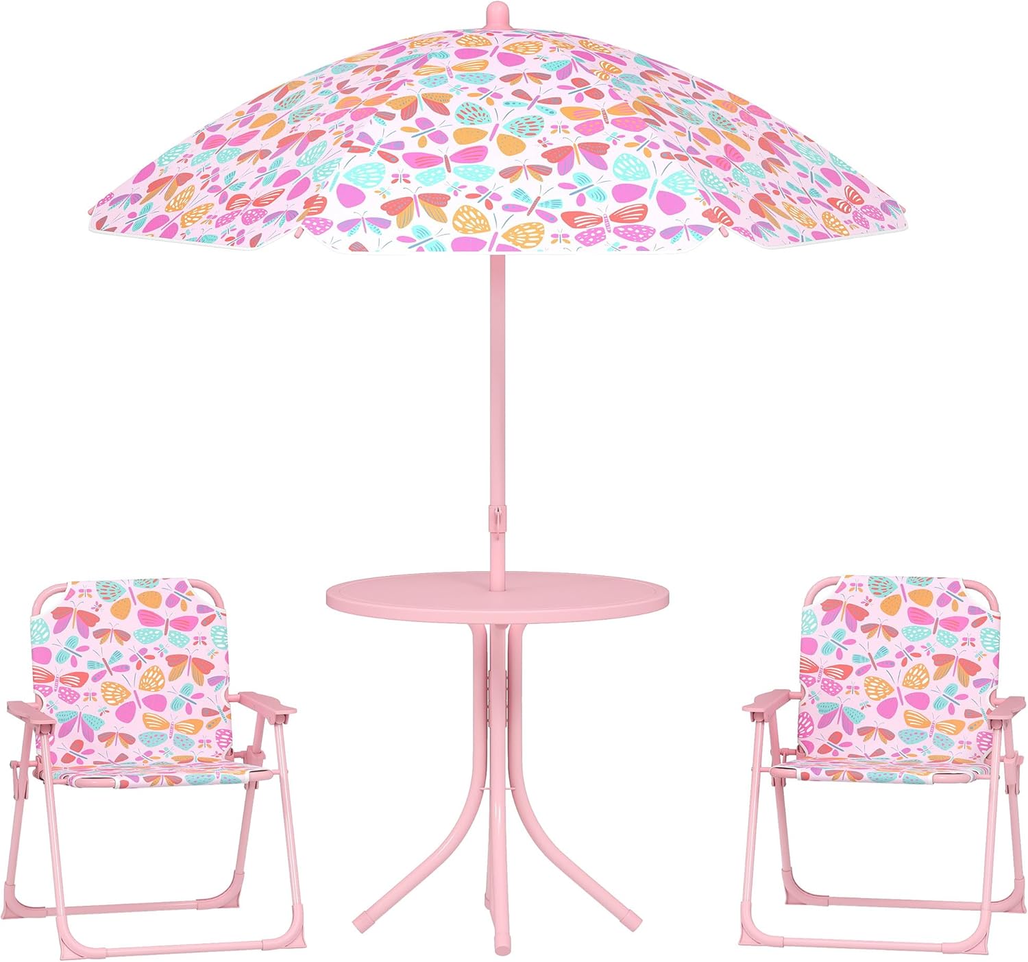 Qaba Kids Picnic Table and Chair Set, Outdoor Activity Table with Foldable Chairs, Removable Umbrella, Butterfly Pattern Toddler Patio Furniture for Backyard, Garden, Pink