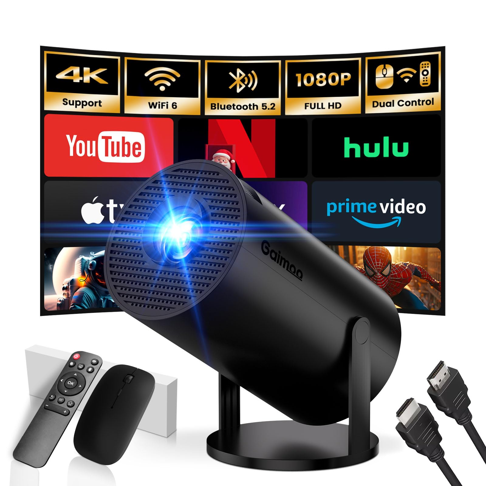 [2025 Modelo & App integrada] Proyector Portátil Soporte 4K 1080P Mini Proyector Dual Control con Ratón Android TV WiFi 6 BT5.2 180° Rotation HDMI/TV Stick/USB/Laptop, con Cable HDMI y Ratón, Negro