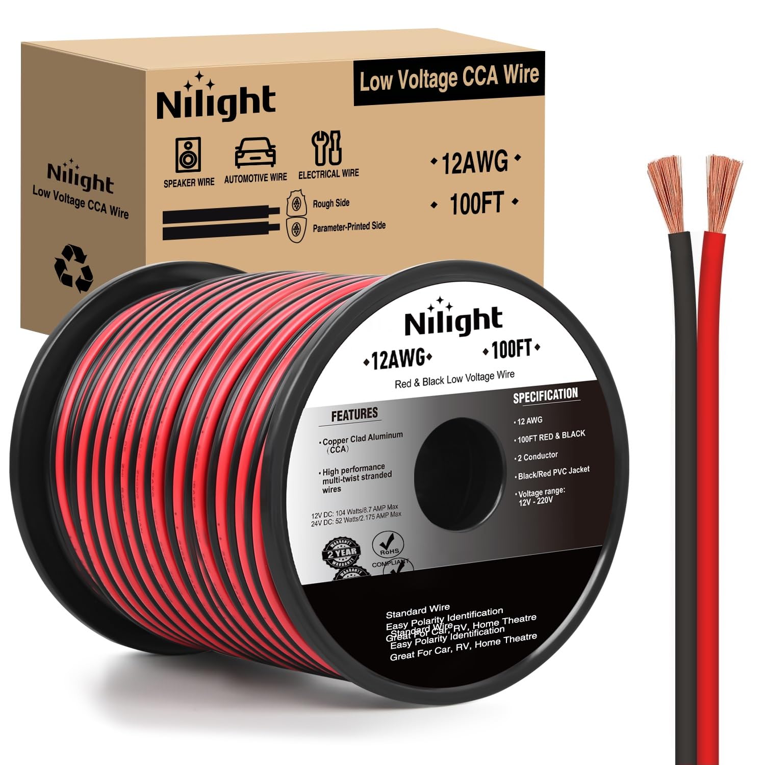 Nilight 100FT 12AWG Copper Clad Aluminum Wire 12/2 Gauge Red Black | CCA Electrical Cable 2 Conductor Parallel 12V/24V DC Flexible Extension Cords for Car Audio Radio Speaker Amplifier