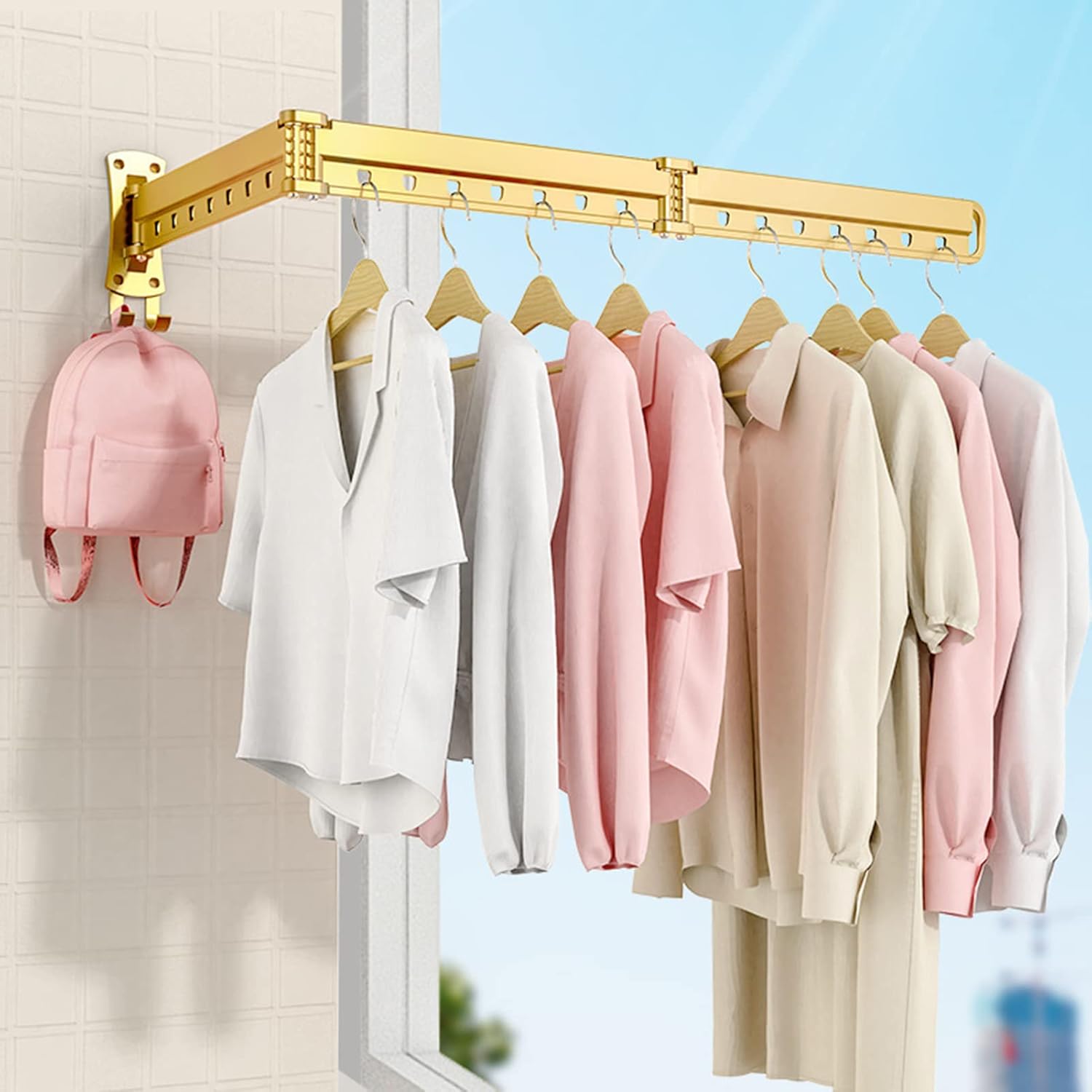 Clothes Drying Rack Wall Mounted, Retractable Garment Rack with Hooks, Tri-Collapsible Clothes Drying Rack, Strong Load-Bearing Easy to Install, for Balcony B,Gold