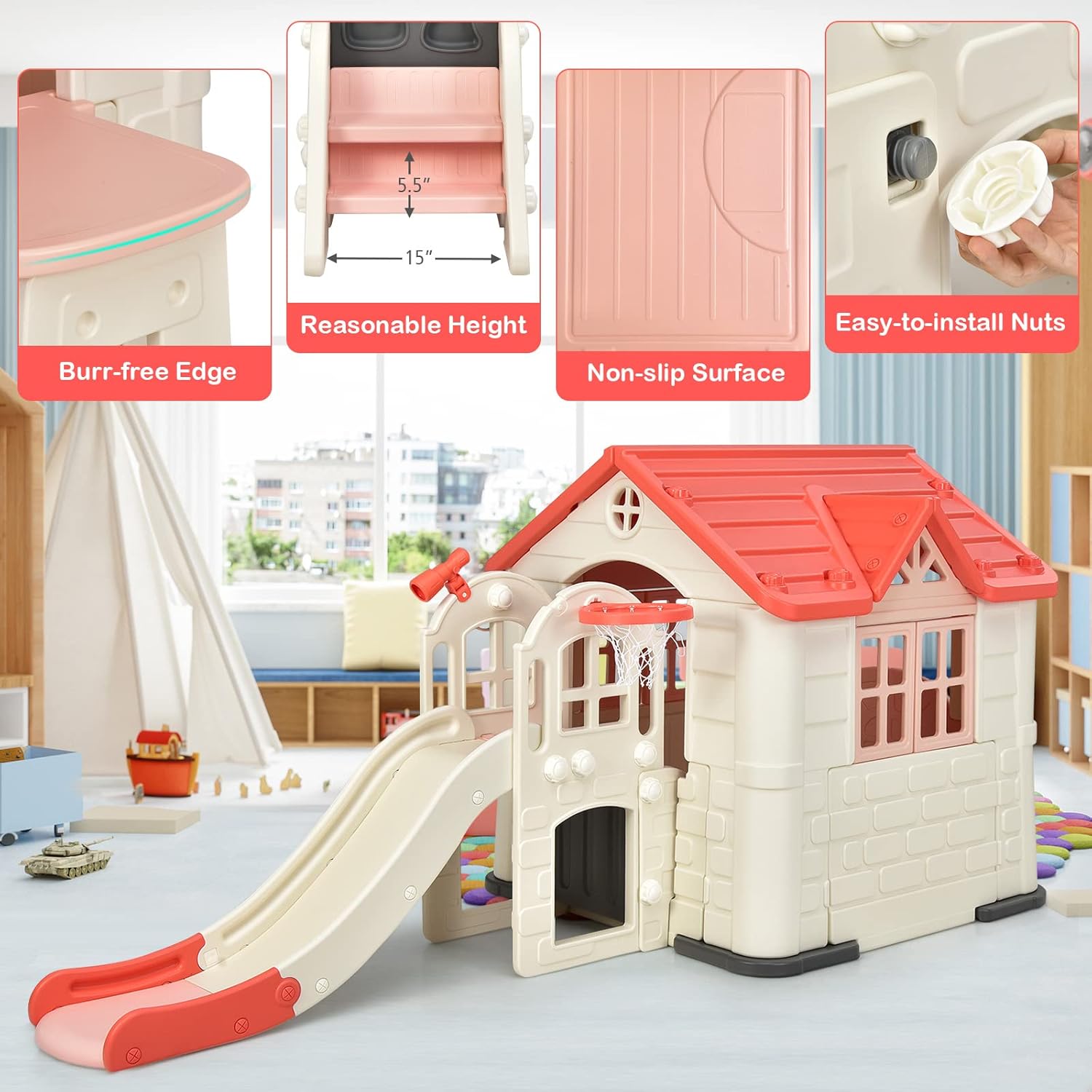 Costzon Kids Playhouse and Slide Set, 7 in 1 Outdoor Cottage Pretend Playhouse with Working Doors and Windows, Picnic Table, Toy Set & Tray, Waterproof Cover, Indoor Playground Set for Kids (Pink)