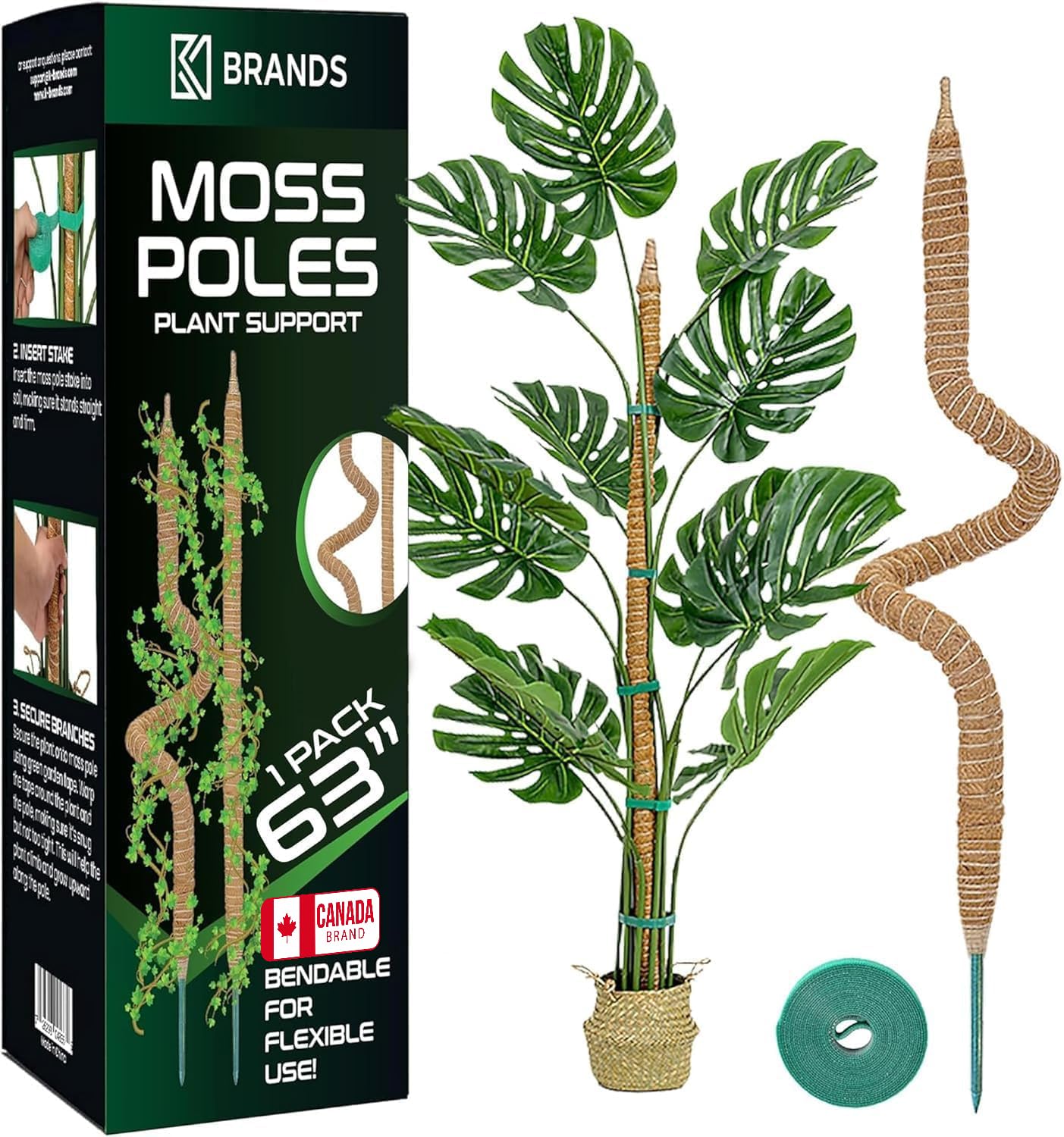 K-Brands 63 Inches Bendable Moss Pole Monstera Plant Support for Climbing Indoor Plants - Stakes for Potted Climbers - Tall Sticks Indoor Trellis for Houseplants - Accessories for Monstera Pot