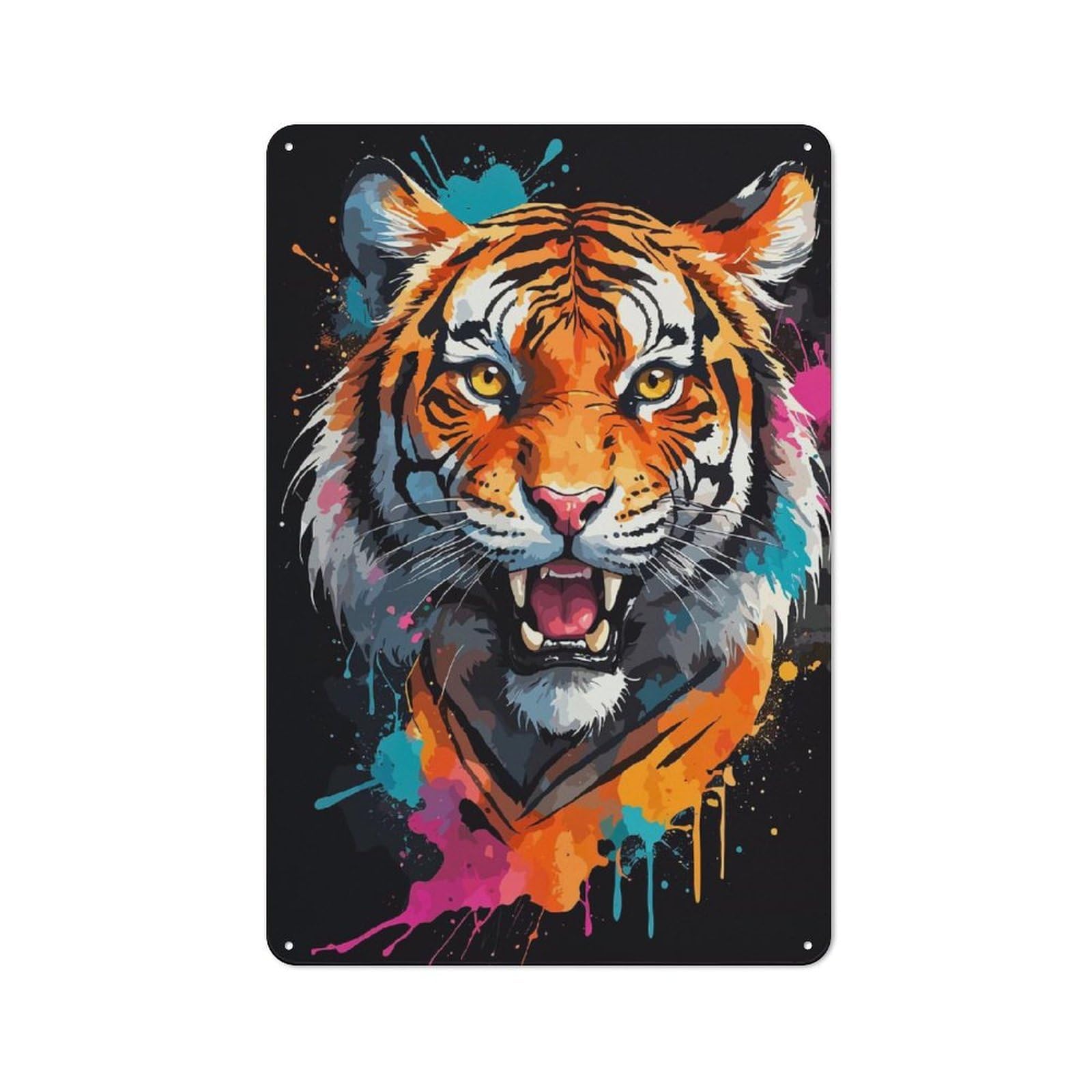 Kitchen Metal Sign with Colorful Tiger Portrait with Paint Splatters Design 30x20cm, Cosy Kitchen Wall Decor for Coffee Bar, Kitchen, Bistro Or Tea Corner