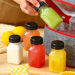 5 Pcs 5 oz Plastic Juice Bottle Reusable Beverage Containers with Black Lids for Juice, Drinking Milkshake and Other Beverages, Fridge Storage
