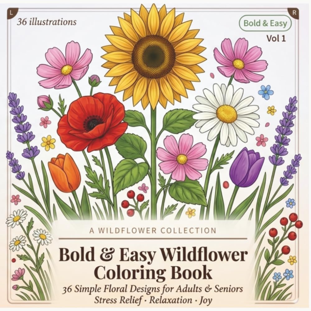 Bold and Easy Wildflower Coloring Book for Adults: Simple Botanical and Floral Designs for Stress Relief, Relaxation and Mindfulness — Perfect for Beginners and Seniors (Adult Relaxing Coloring Book)