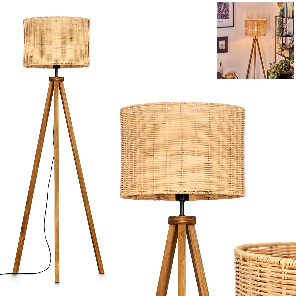 Stehleuchte Cavaca, Stehlampe aus Holz/Korbgeflecht/Rattan in Naturfarben, Leuchte im skandinavischen Design mit rundem Schirm (Ø 40 cm) u. Fußschalter, Höhe 154 cm, 1 x E27, ohne Leuchtmittel