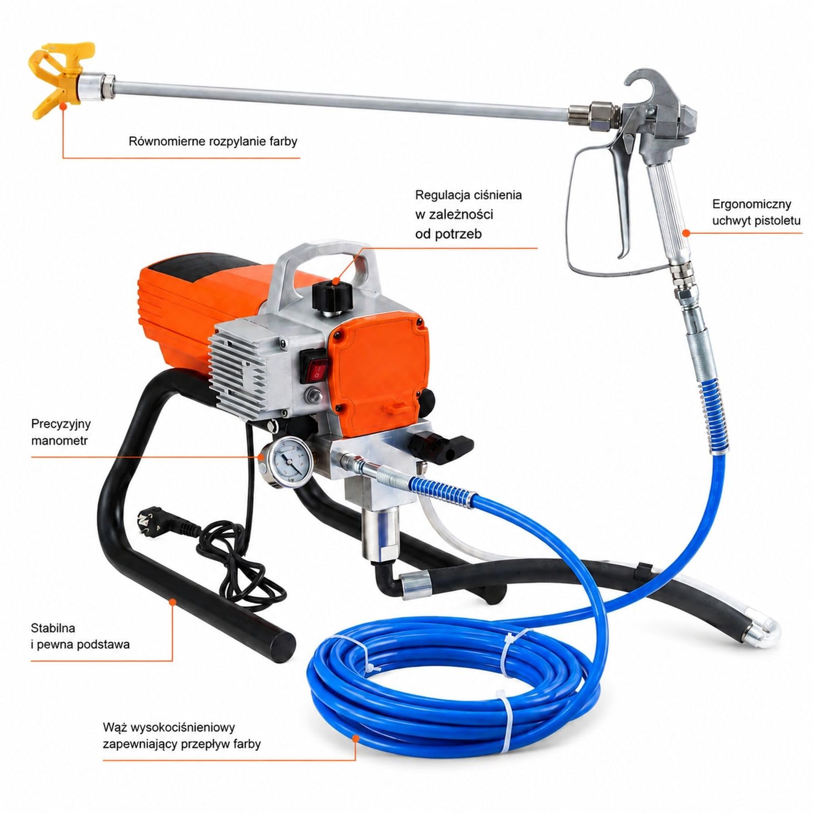 Bezpowietrzny agregat malarski 1800 W, 3000 PSI, 1,8 L/min z pistoletem, wężem, regulacją ciśnienia do ścian, sufitów, drewna, metalu