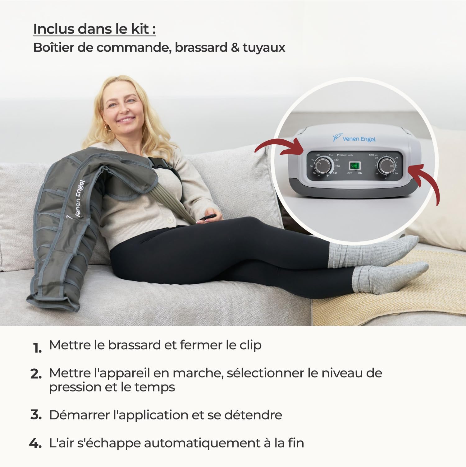 Venen Engel 4 basiques avec flux lymphatique pour le bras droit | 4 chambres à air | 1 programme de massage | Le massage par ondes de pression favorise la circulation sanguine
