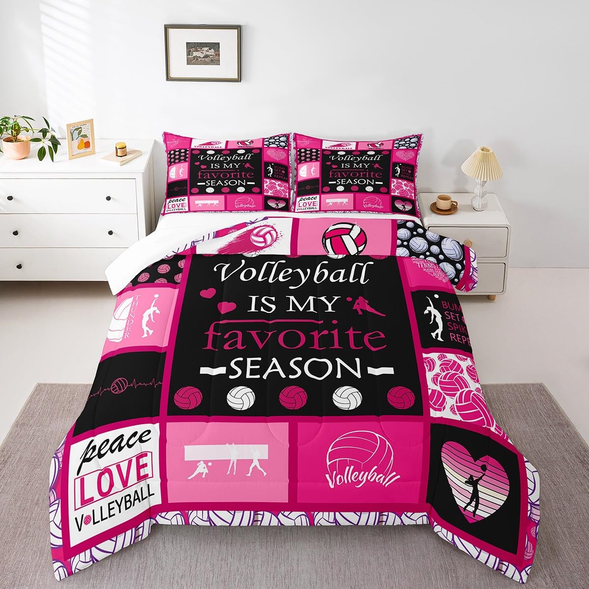 Parure de lit 3 pièces sport rose Manfei avec couette piquée lit double enfant et ado