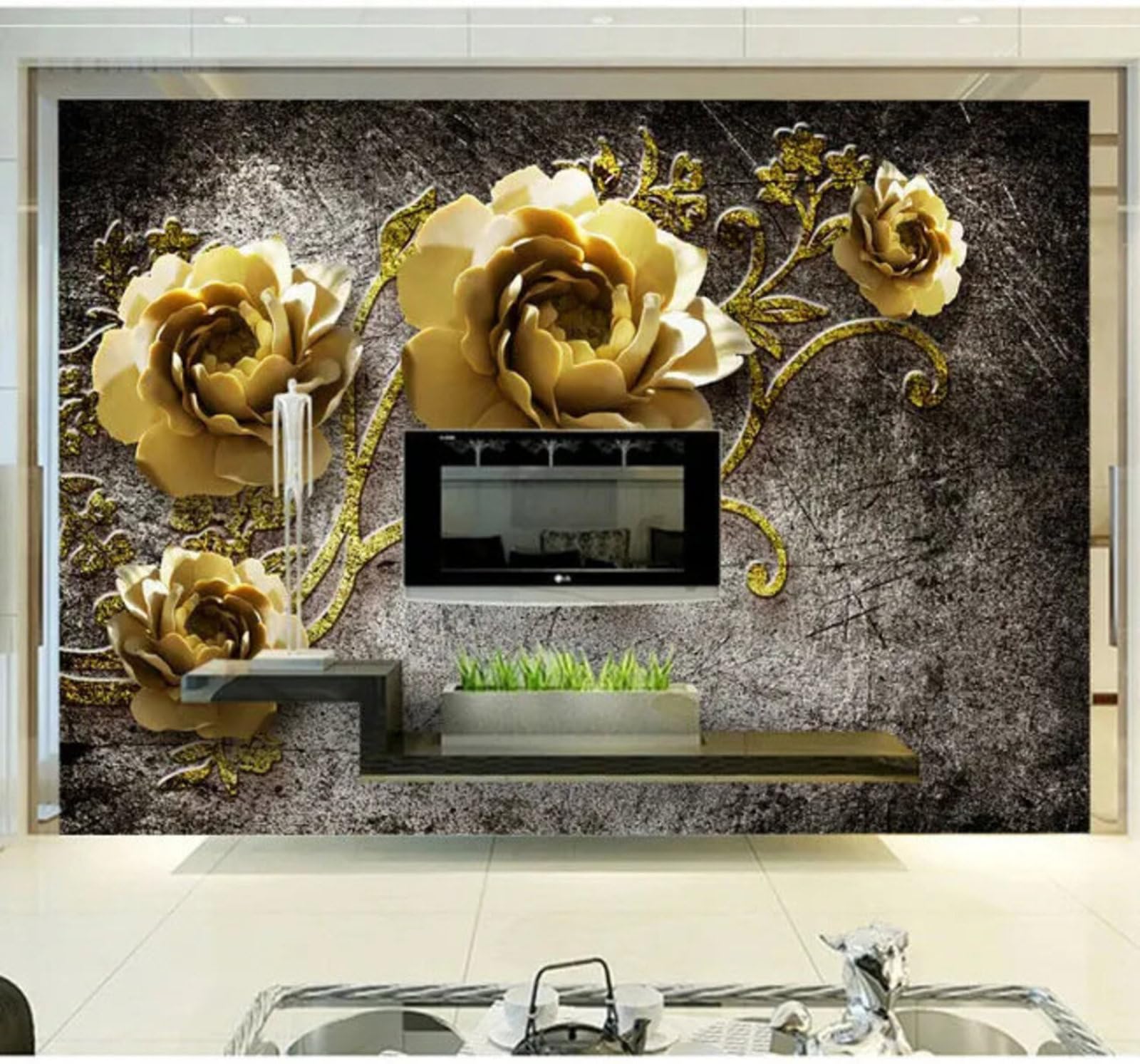 Wallpaper-3D-Xlm 350Cm×256Cm(B×H) Vintage Concrete Wall Relief With Golden Flowers 3D Wallpaper Easy Install Feature Office Living Room Sofa Bedroom Tv Background Wall Decoration-350Cm×256Cm